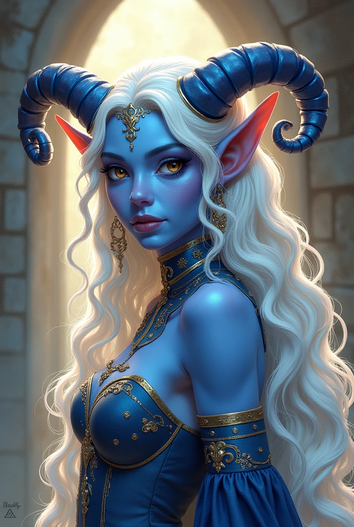 A photorealistic digital painting of a beautiful female draenei with glowing blue eyes and colored sclera, shiny silver lips, and tentacle-like hair ornaments, wearing a leather apron and goggles, with a toolbelt and apron pouch, showcasing her mechanical and magical abilities, with a focus on her upper body, plump and large breasts, and shiny skin, in a fantasy setting.