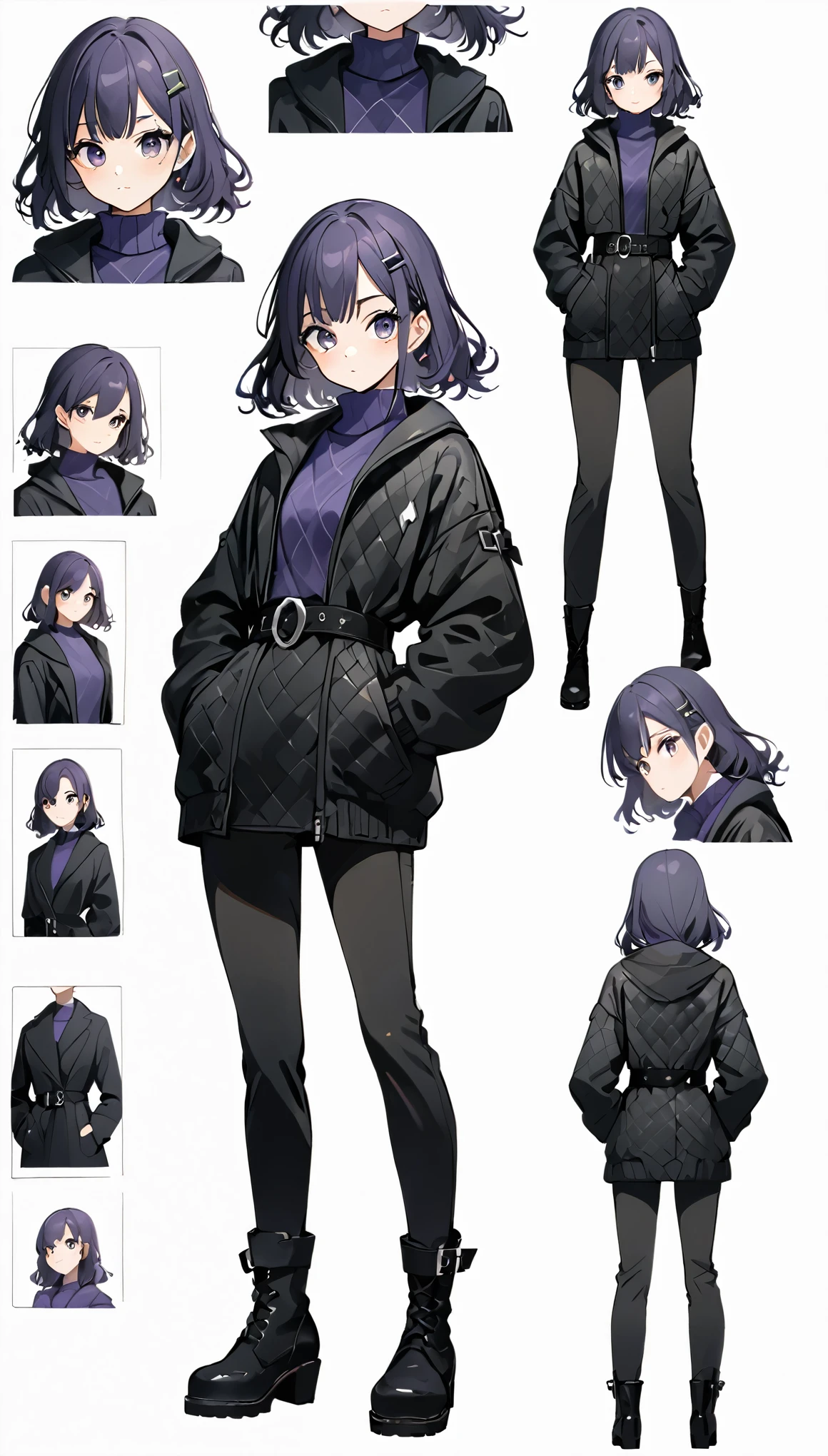 Score_9, Score_8_up, Score_7_up, Score_6_up, Score_5_up, Score_4_up, ((masterpiece, best quality, ultra detailed, super high resolution)), (source_anime), 1 girl, full body female character, short purple hair, wearing a jacket Black padded with a diamond pattern, the jacket reaches the upper part of the thighs and is completely closed, it features a wide black belt with a square metal buckle at the waist, which emphasizes its silhouette. Under the jacket, there is a purple turtleneck sweater, tight black pants with side pockets, complementing her figure. tall black boots with subtle purple details, black gloves. The background is simple and neutral, a dynamic pose, dynamic pose, concept art, multiple views, simple white background, different perspective of the character, soft line art, thick line art, bold line art, 