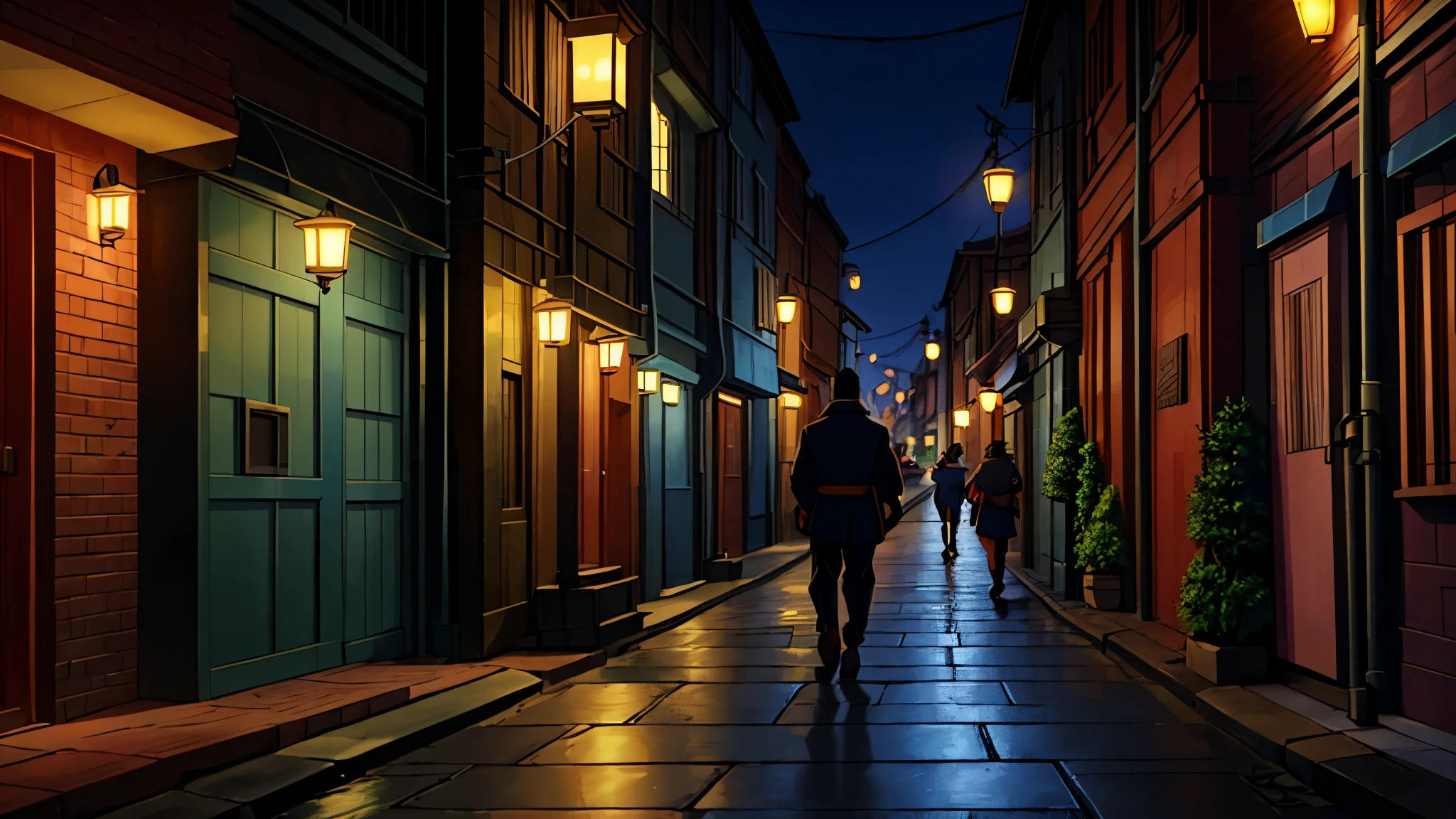 A narrow, cobbled street lined with modern brick buildings and traditional Japanese elements, such as paper lanterns. Futuristic street lamps gently light the way. A few passers-by in stylish clothes chat on the sidewalk, while a cybernetic cat wanders between the heroes' legs. At the end of the street, a retro-futuristic bar comes into view.