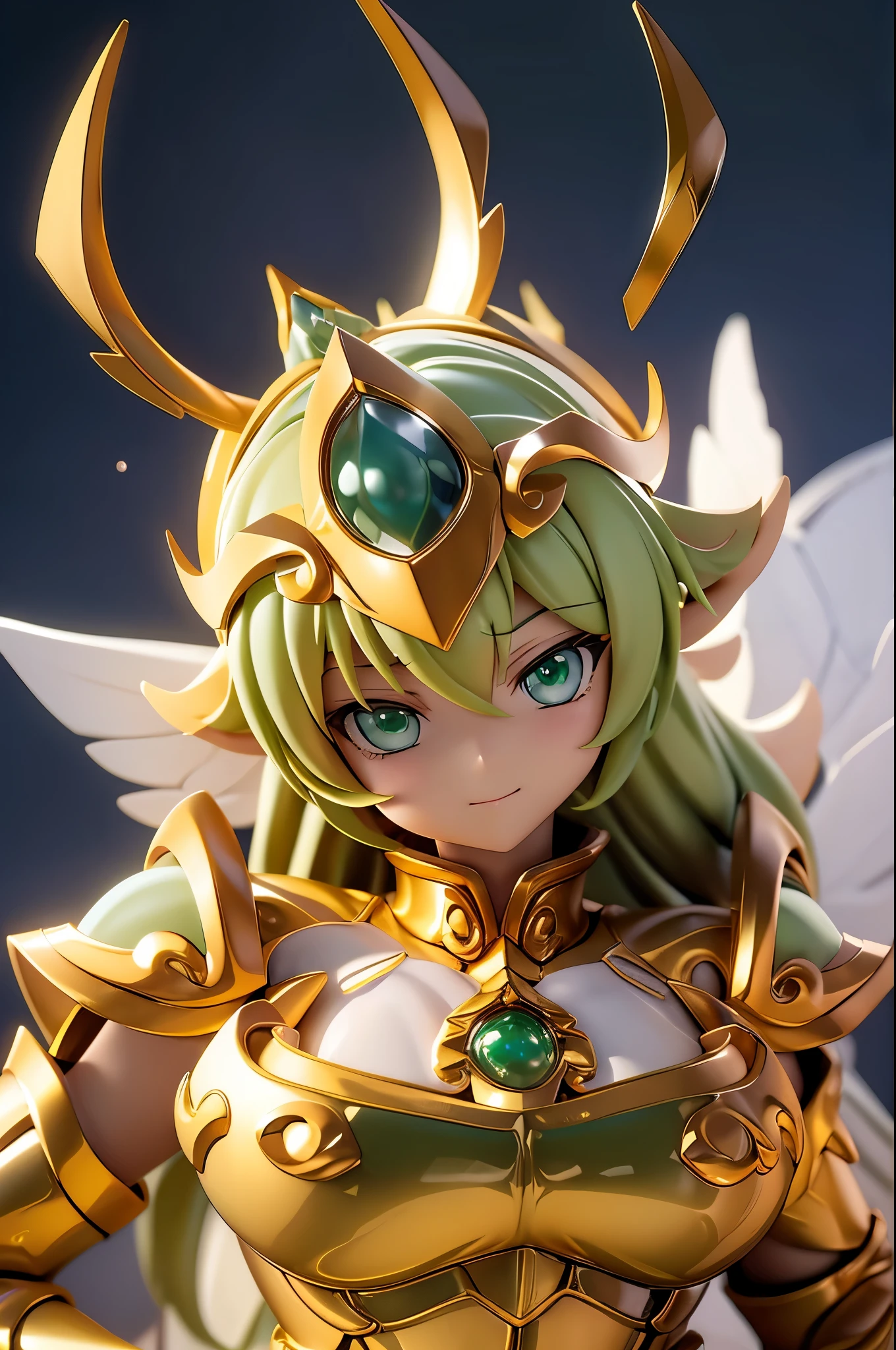 Highest quality, 8k, Super detailed, High resolution, Realistic skin texture, armor, (Realistically: 1.4), High resolution,Ultra HD、Ultra-clear、Pegasus Seiya from Saint Seiya、White and beautiful translucent skin、Beautiful and well-proportioned face、Cute smile、Leo Holy Warrior、全身を金色のarmorで覆う、金色のarmorを纏った聖騎士、Golden helmet、全身を派手な彫刻で覆う金色のarmor、重厚感のある金色のarmor、Translucent beautiful green eyes、Beautiful blonde、Big Breasts、Outer space background、