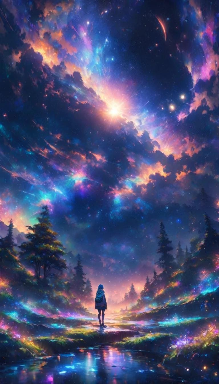 expansive landscape photography (a view from below showing the sky above and an open forest below), woman standing on a paved path looking at the landscape, woman, (particle of light around the woman), blue hair (long and bushy), heated outfit (made of high quality fur and embroidery), night setting, (full moon: 1.2), (shooting stars: 0.9 ), (nebula: 1.3), (warm light source: 1.2), (Firefly: 1.2), (snowflake: 1.0), (snow on tree) (masterpiece: 1.2), (best quality) , 4k, ultra detailed, (dynamic composition: 1.4), very detailed and colorful details, (iridescent colors: 1.2), (vivid lighting, ambient lighting), dreamy, magical, (alone: ​​1.2)