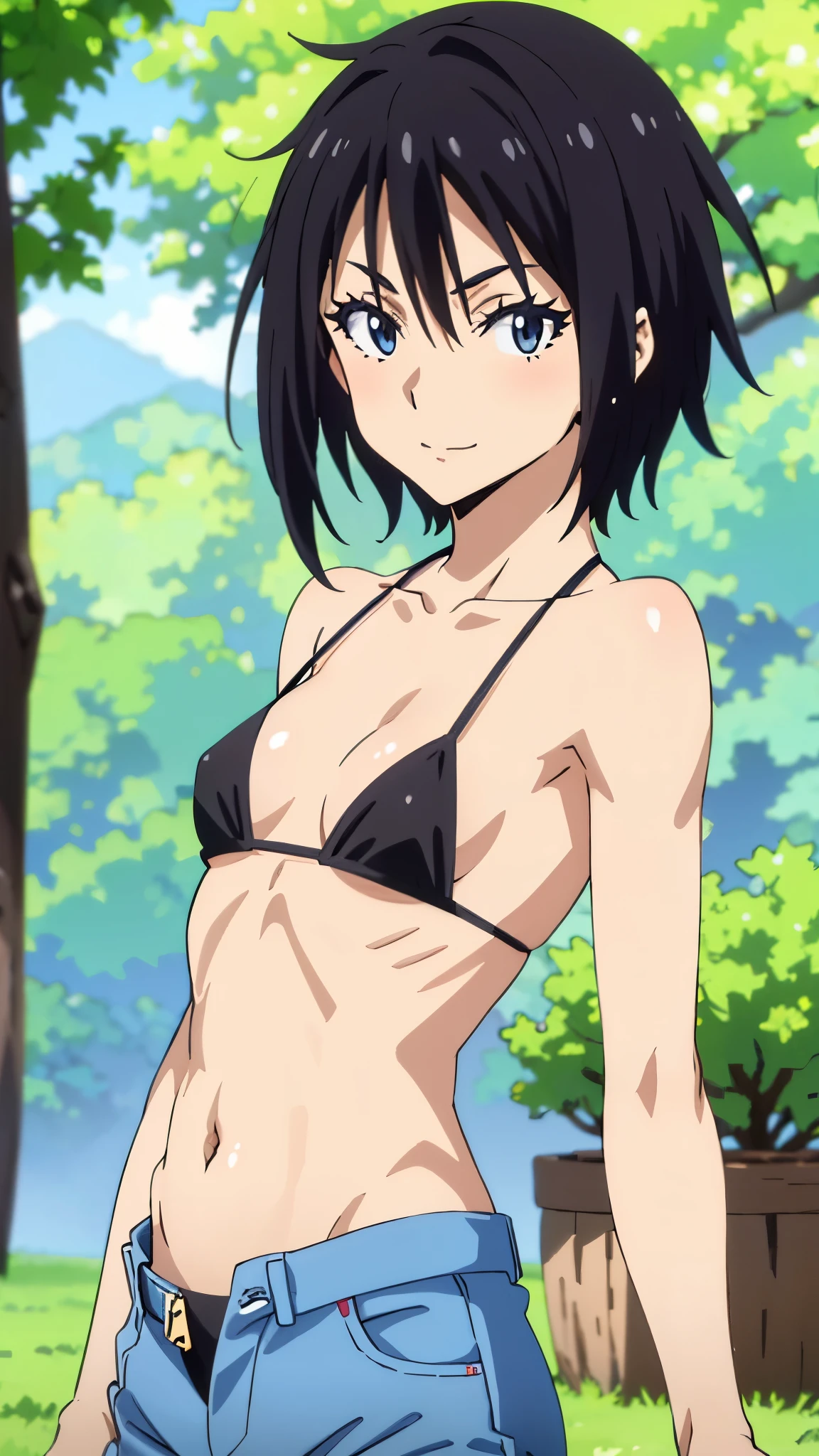 (masterpiece, 4K, Highest quality, anime style: 1.9, Detailed face, Lovely, Ocean,bold, High resolution, anime, Lake 4. alone, Curvaceous, Very slim belly, Cowboy Shot, 1 Girl,,(Leopard print micro bikini),View your viewers,(Mikage Aki/Silver Spoon),Naked in a swimsuit,blush,Embarrassed face,Put one hand behind your head