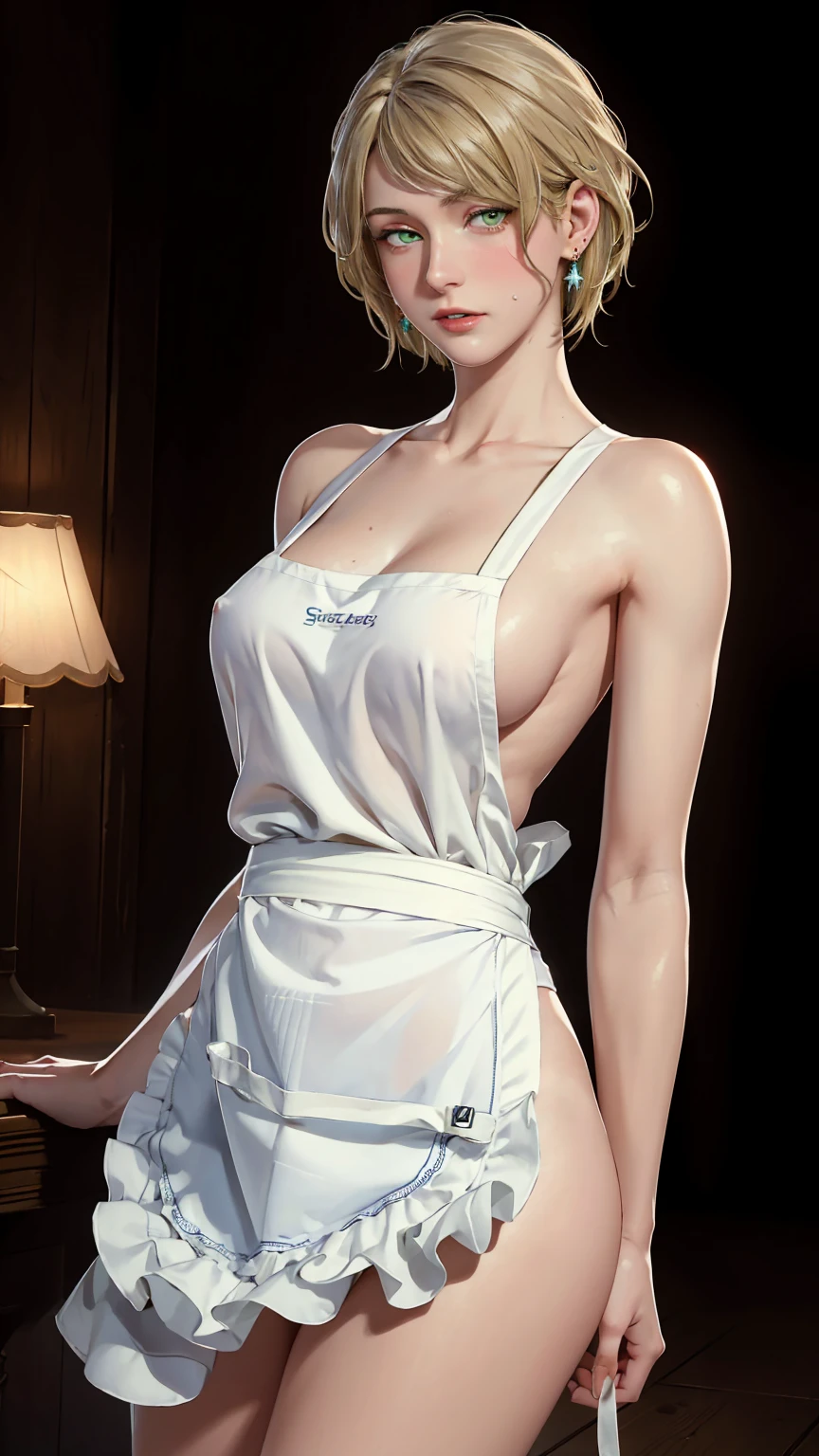 ((((masterpiece, best quality, high resolution)))), Extremely detailed 8K, Beautiful girl with voluptuous body, (Ultra HD, Ultra-detailed, Highly detailed, Highly realistic, Ultra-realistic, photograph realistic), (1girl:1.5), (Realistic blonde hair), (short silky hair, hair ornaments, earrings), (dynamic poses), facing at camera, looking at viewer, (blushing red, embarrassed, exhausted), (green eyes, sharp eyes), (medium perky breasts:1.3), (wide hips:1.2), (beautiful detailed face, beautiful detailed eyes), ((white naked apron)), (detail pussy), (standing up), sweat, glow, (nightlight), ((cowboy shot)), jazz bar, seductive, (toned muscle)