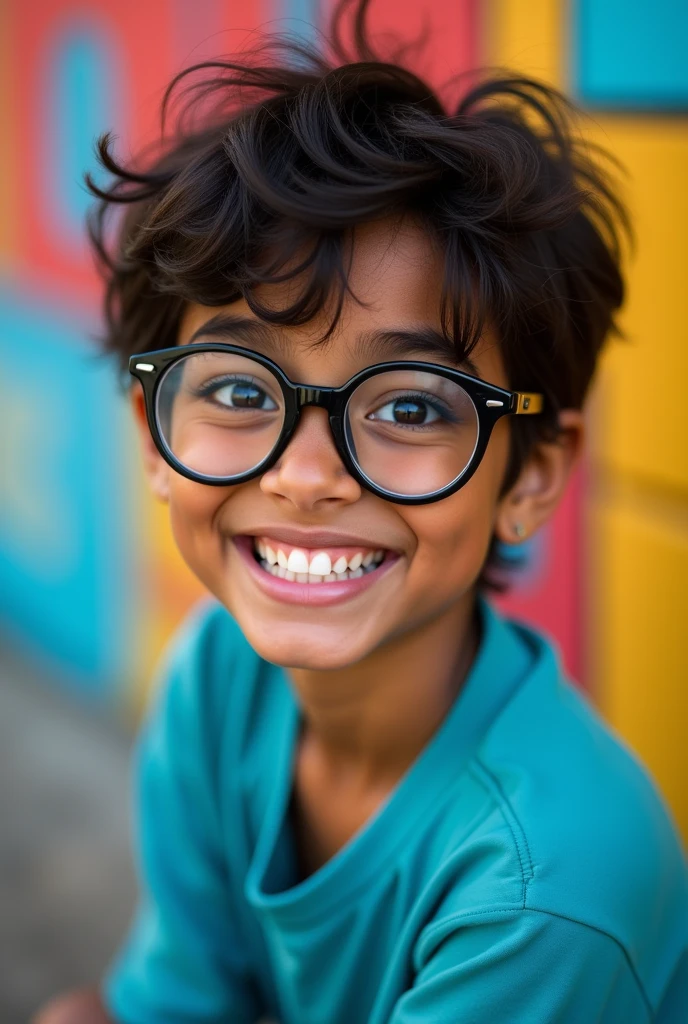 1girl, rounded glasses, big glasses, smiling, looking at the camera, short messy hair, dark-skinned, rounded eyes, cyan blue shirt, black shorts, close up, magazine shot, dynamic pose