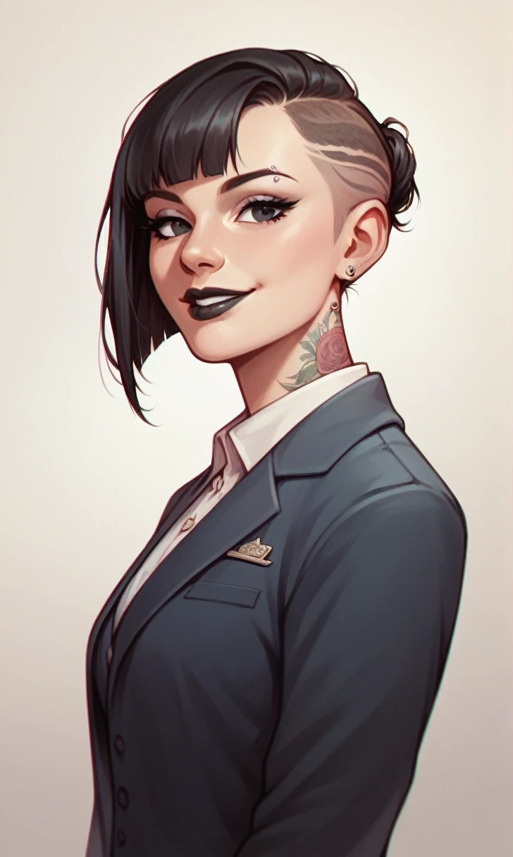 check_9, check_8_up, check_7_up,  1 girl, simplified background, Asiatic, mafia business suit, , Solar, well done, Hime got his hair cut, gentle smile, black lips, black eyes, tattoos
