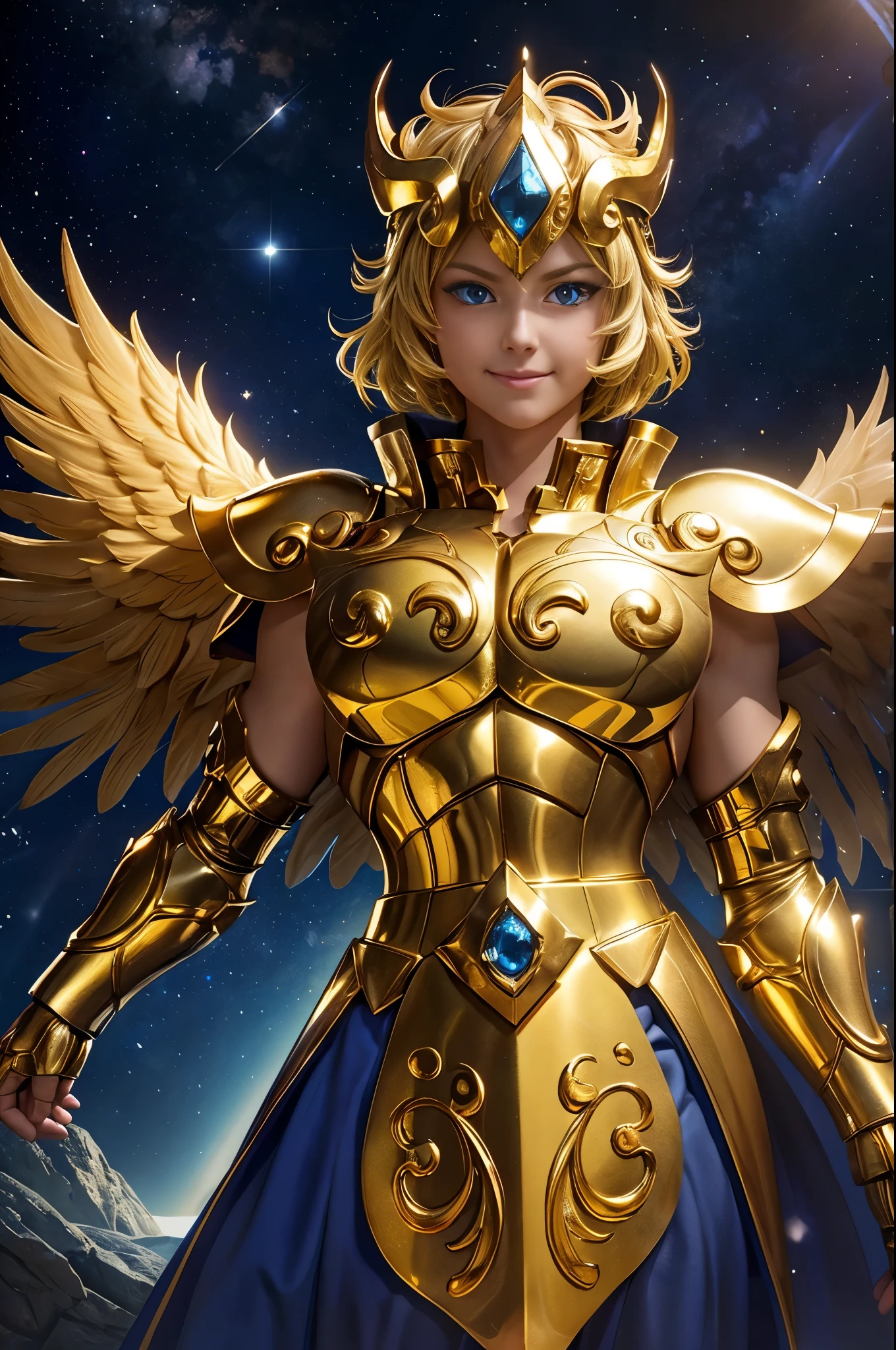 Highest quality, 8k, Super detailed, High resolution, Realistic skin texture, armor, (Realistically: 1.4), High resolution,Ultra HD、Ultra-clear、Beautiful girl、Saint Seiya、White and beautiful translucent skin、Beautiful and well-proportioned face、Cute smile、Pegasus Holy Warrior、全身を金色のarmorで覆う、金色のarmorを纏った聖騎士、Golden helmet、全身を派手な彫刻で覆う金色のarmor、重厚感のある金色のarmor、Beautiful clear blue eyes、Beautiful blonde、Big Breasts、Outer space background、