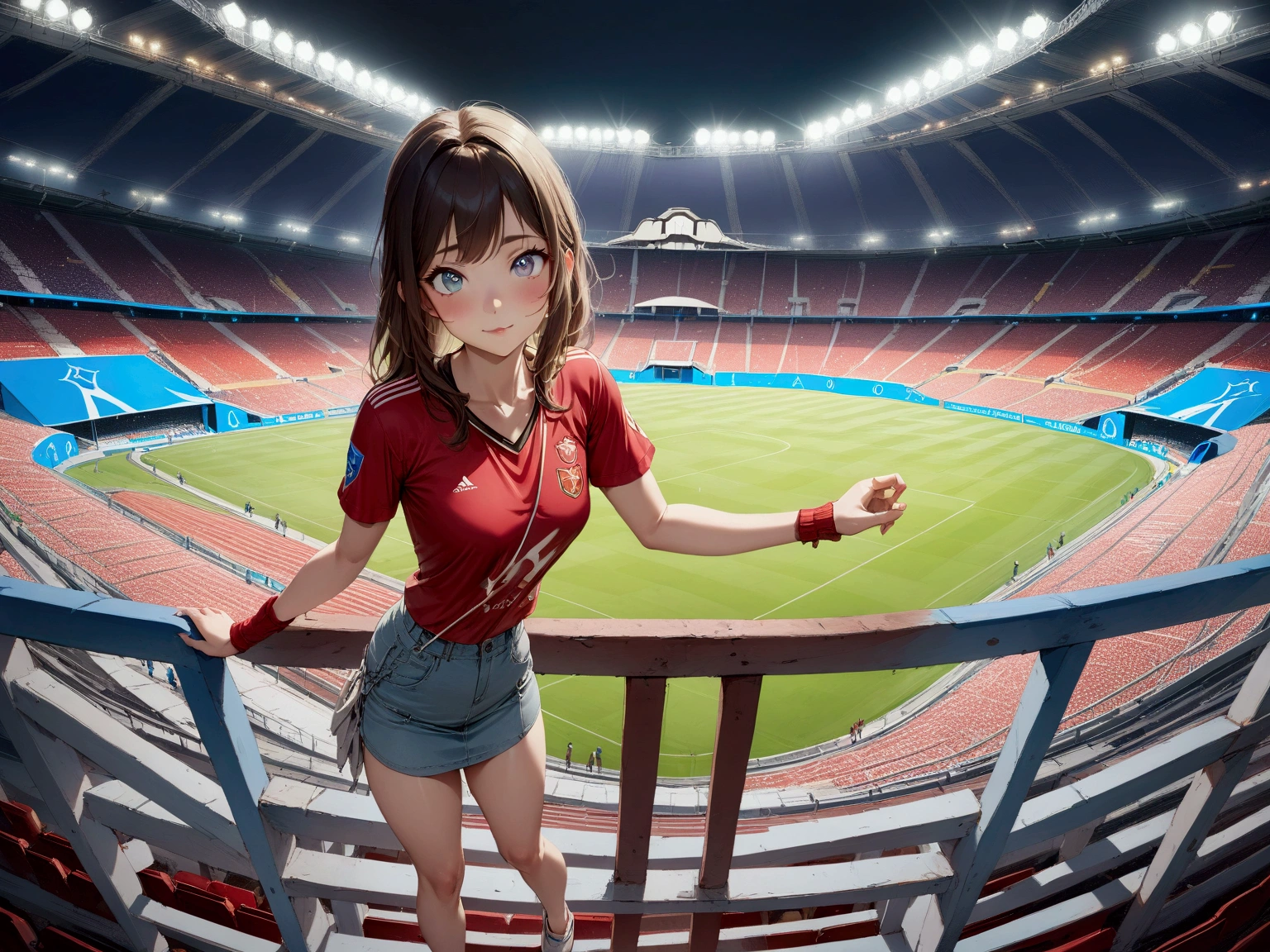 a girl holding a big trophy ,background of future stadium of football ,