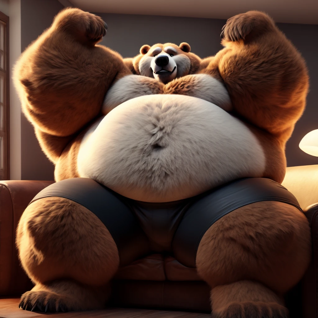 Fat Huge 500 Pounds Daddy Furry marshmallow Beast Grizzly Bear Big Belly, and Large Chunky body and wearing Black Shorts, sitting on the Sofa, His Belly is Bigger, Huge, Fat, Chunky, Furry, Big, and Huge, have hus arms up and wanting a hug