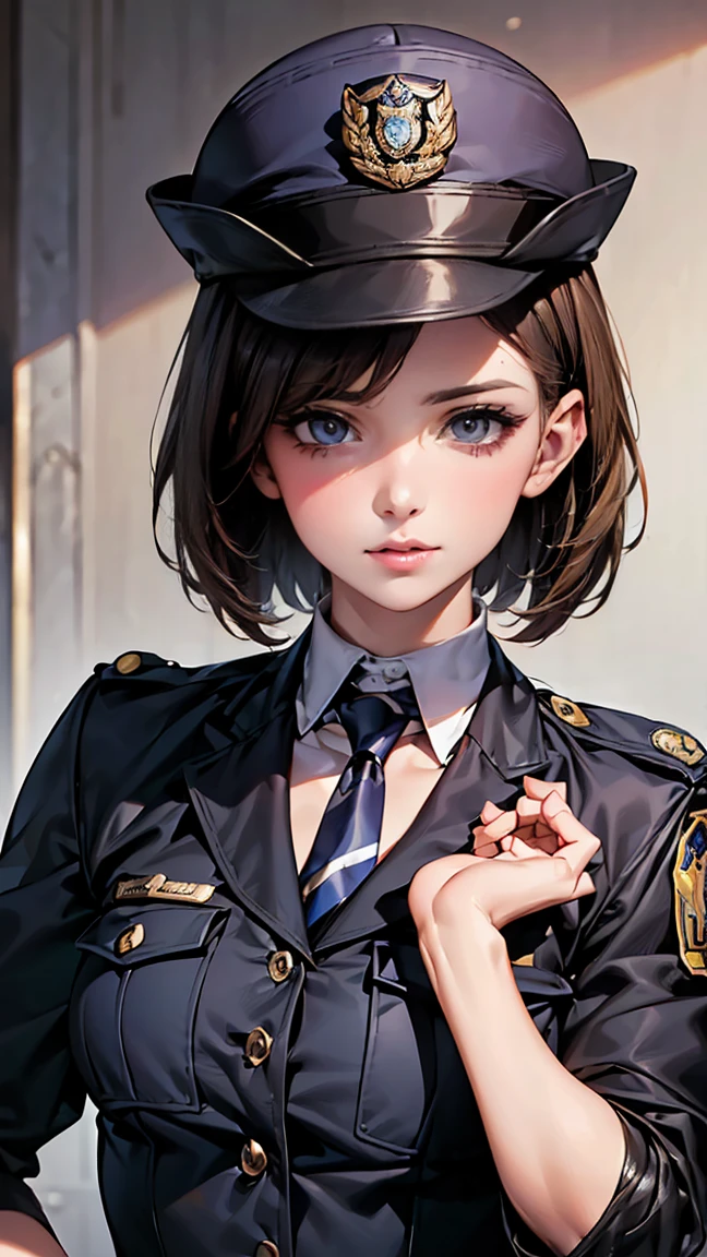 4K,1、(((topless))), High resolution, Very detailed), 1 female, 、(Short Bob:1.8、Brown Hair)、((Female police officer:1.4、uniform、limited cap、uniformボタン、tie、uniform jacket)