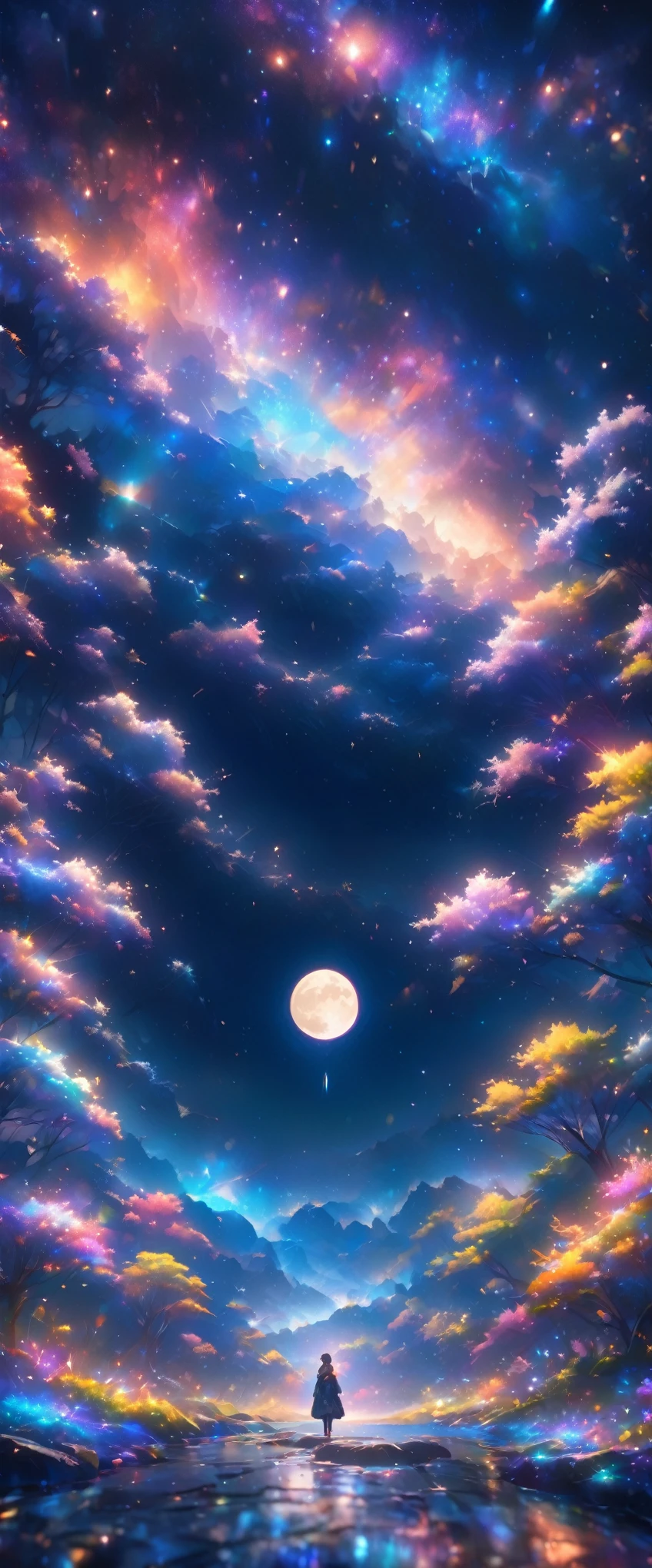 expansive landscape photography (a view from below showing the sky above and an open forest below), woman standing on a paved path looking at the landscape, woman, (particle of light around the woman), blue hair (long and bushy), heated outfit (made of high quality fur and embroidery), night setting, (full moon: 1.2), (shooting stars: 0.9 ), (nebula: 1.3), (warm light source: 1.2), (Firefly: 1.2), (snowflake: 1.0), (snow on tree) (masterpiece: 1.2), (best quality) , 8k, ultra detailed, (dynamic composition: 1.4), very detailed and colorful details, (iridescent colors: 1.2), (vivid lighting, ambient lighting), dreamy, magical, (alone: ​​1.2)