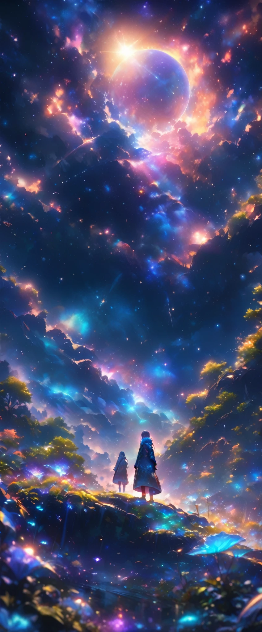 expansive landscape photography (a view from below showing the sky above and an open forest below), woman standing on a paved path looking at the landscape, woman, (particle of light around the woman), blue hair (long and bushy), heated outfit (made of high quality fur and embroidery), night setting, (full moon: 1.2), (shooting stars: 0.9 ), (nebula: 1.3), (warm light source: 1.2), (Firefly: 1.2), (snowflake: 1.0), (snow on tree) (masterpiece: 1.2), (best quality) , 8k, ultra detailed, (dynamic composition: 1.4), very detailed and colorful details, (iridescent colors: 1.2), (vivid lighting, ambient lighting), dreamy, magical, (alone: ​​1.2)