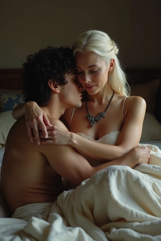 A Handsome Hot Aesthetic 1 Targaryen Prince with long curly black hair sleeping on a bed with a beautiful Targaryen black Princess with long curly platinum blonde hair, realistic
