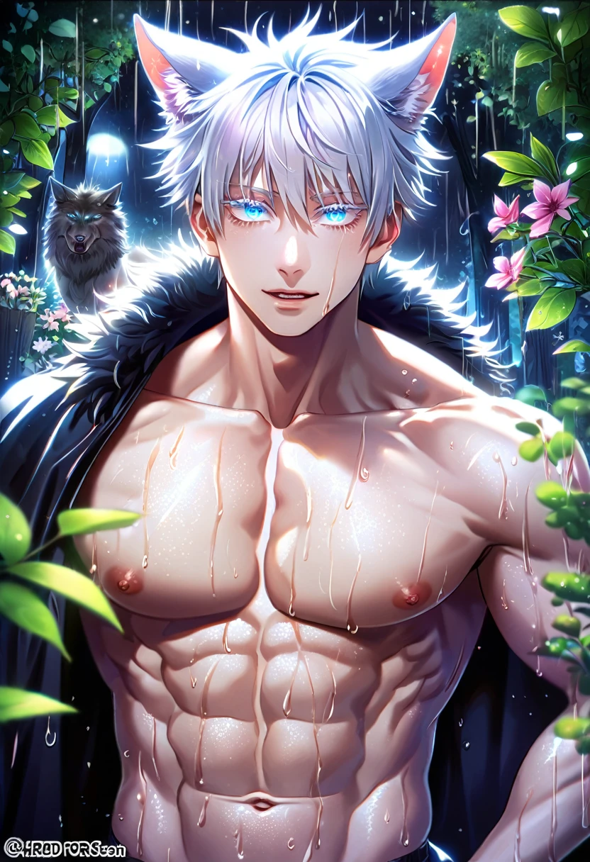 absurdres, highres, ultra detailed, HDR, master piece, best quality, extremely detailed, detailed eyes, Gojou Satoru, white hair, werewolf, wolf ears, wolf tail, expressive blue eyes, white eyelashes, Jujutsu Kaisen, solo, sexy man, handsome, horny, lewd, fantasy, accessories, black cape with fur, bare chest, spring, flowers, green leaves, magical forest, dark fantasy, rain, night