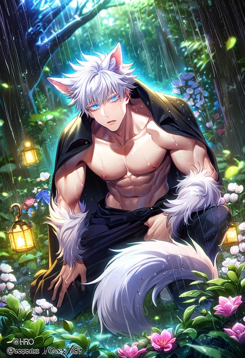 absurdres, highres, ultra detailed, HDR, master piece, best quality, extremely detailed, detailed eyes, Gojou Satoru, white hair, werewolf, wolf ears, wolf tail, expressive blue eyes, white eyelashes, Jujutsu Kaisen, solo, sexy man, handsome, horny, lewd, fantasy, accessories, black cape with fur, bare chest, spring, flowers, green leaves, magical forest, dark fantasy, rain, night