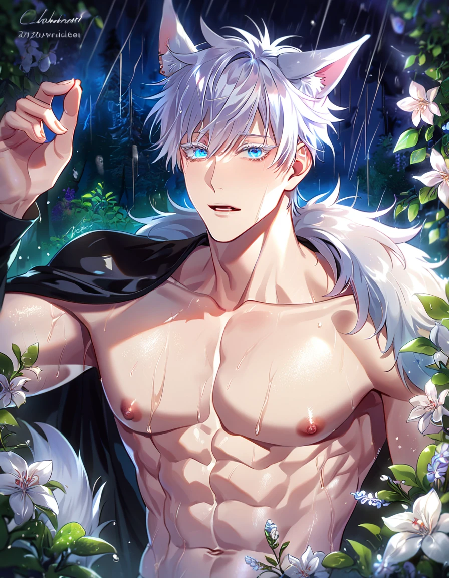 absurdres, highres, ultra detailed, HDR, master piece, best quality, extremely detailed, detailed eyes, Gojou Satoru, white hair, werewolf, wolf ears, wolf tail, expressive blue eyes, white eyelashes, Jujutsu Kaisen, solo, sexy man, handsome, horny, lewd, fantasy, accessories, black cape with fur, bare chest, spring, flowers, green leaves, magical forest, dark fantasy, rain, night, Nu Carnival 