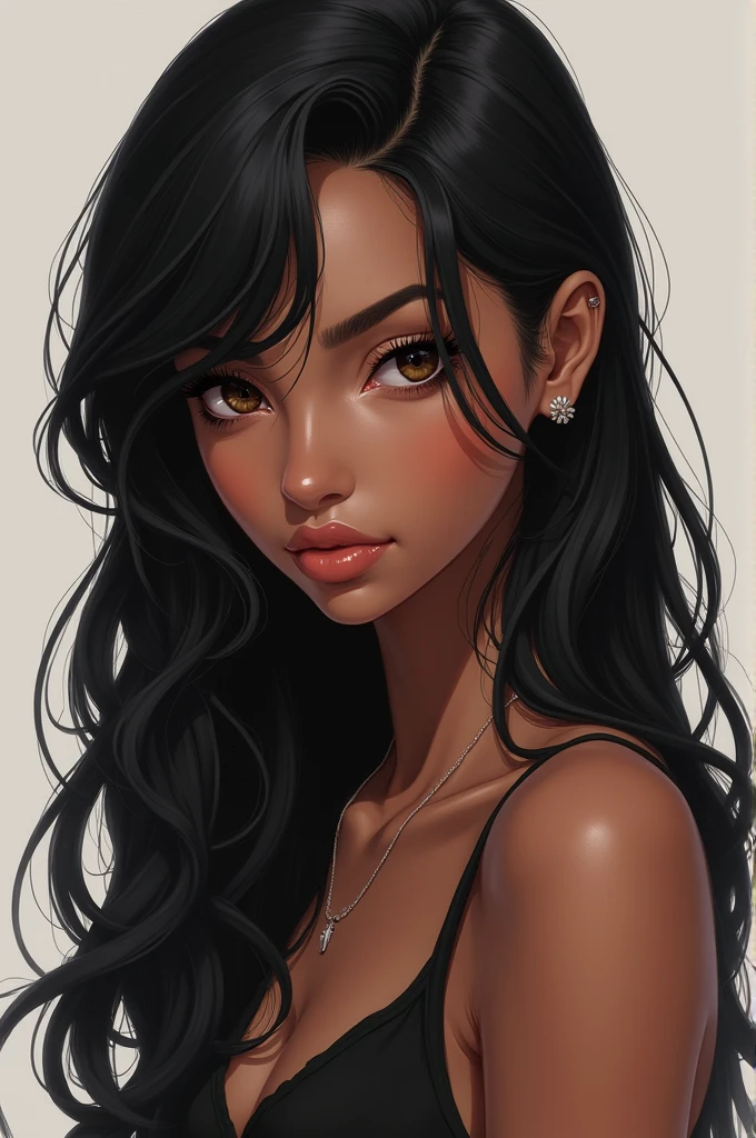 Make me an eye catching vtuber character design with a muted color pallet, tan skin, dark hair and bright eyes