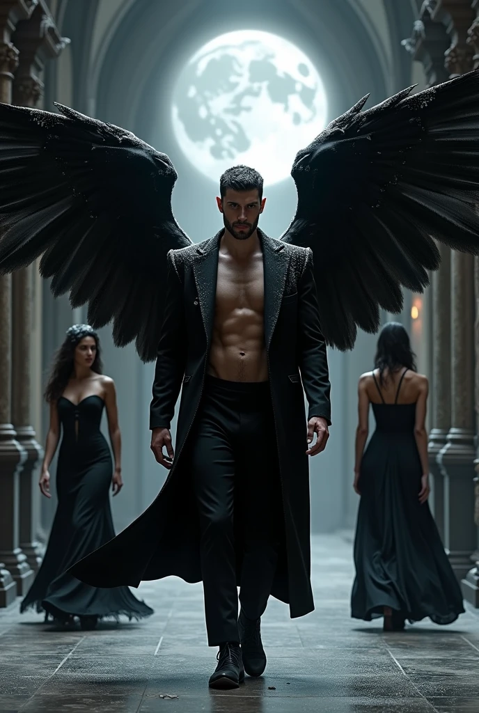 ((masterpiece)) ((4k resolution)) ((Whole body)) 30 year old man, Light brown hair, short hair, eyes the color of honey, bright Eyes, male face, three-day unshaven beard, intense and seductive look, with angel wings, black wings, muscled body, thick muscle, pectoral display, body hair, Black pants, necklace with an emerald pendant. scene: 1950s detective office.