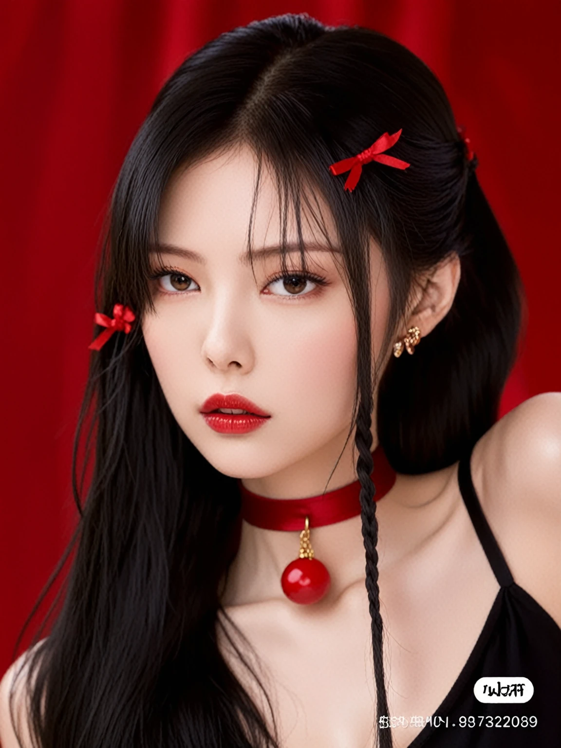 long black hair, Straight hair with two braids, red ribbons in hair, black sleeveless top, Red choker with cherry pendant, soft skin, interior, Red background, Front view, close up photography, well lit, Vibrant and daring atmosphere