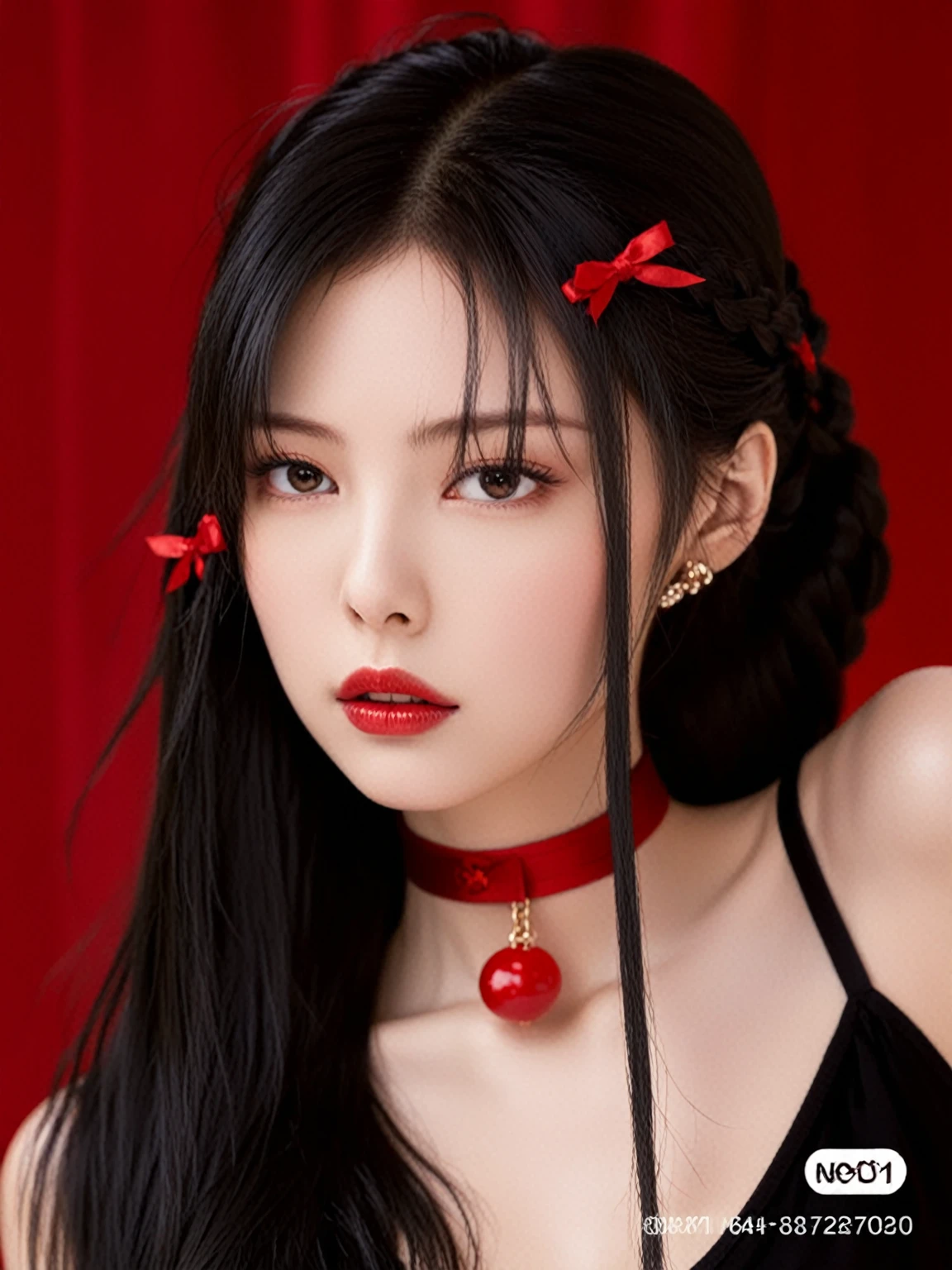 long black hair, Straight hair with two braids, red ribbons in hair, black sleeveless top, Red choker with cherry pendant, soft skin, interior, Red background, Front view, close up photography, well lit, Vibrant and daring atmosphere