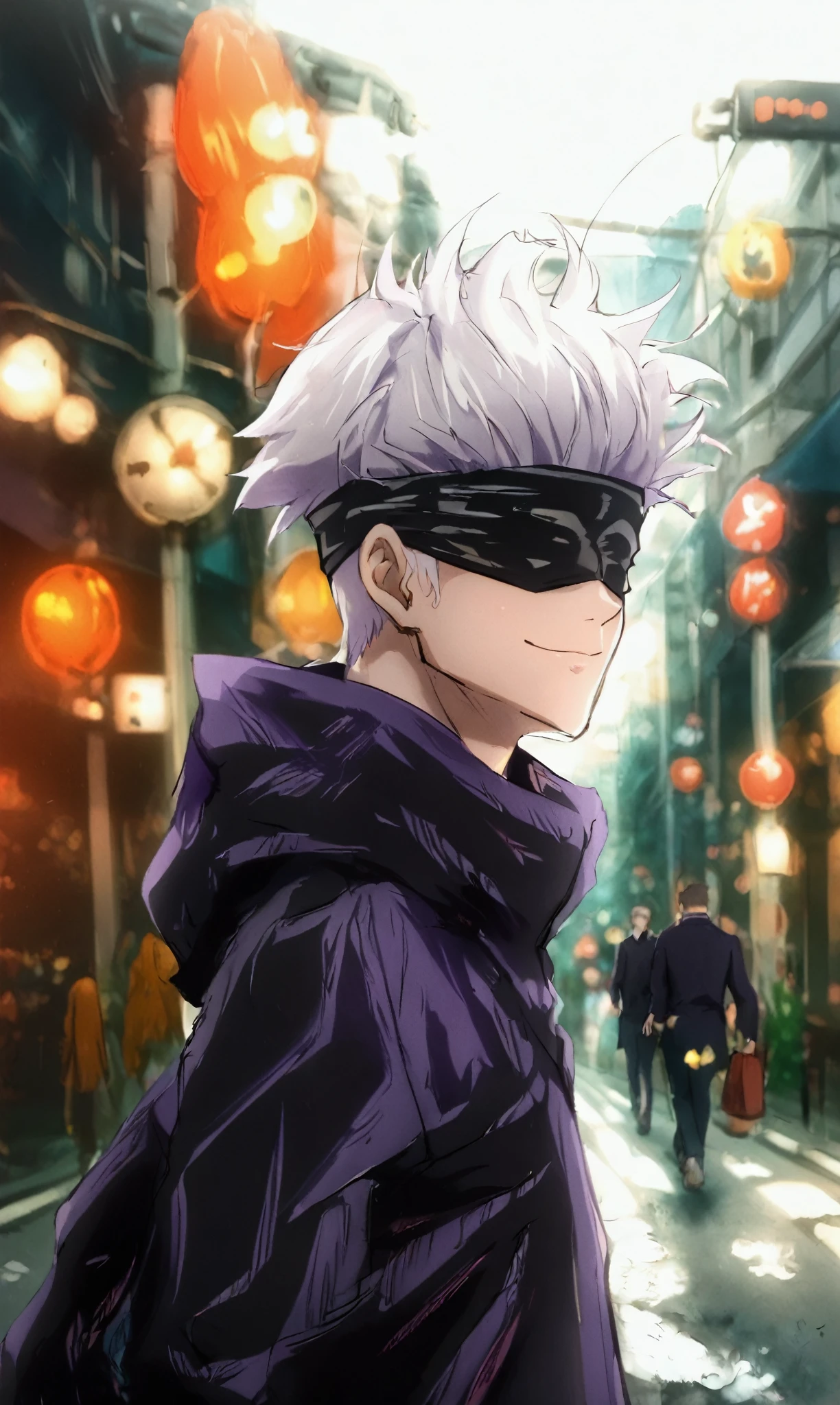 a tall boy with short white hair wearing a purple jacket, walking on a city street on a sunny day, his eyes covered by a black blindfold, with a small smile on his face, the background blurred for a dramatic cinematic composition with professional, high-quality, ultra-detailed, and intricate details