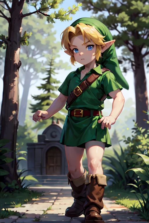 young link, Chico, by rubio, blue eyes, has, pointy ears, green tunic, belt, Boots, looking at the viewer, outside, Magic Forest, extreme detail, HdR, beautiful quality, masterpiece,