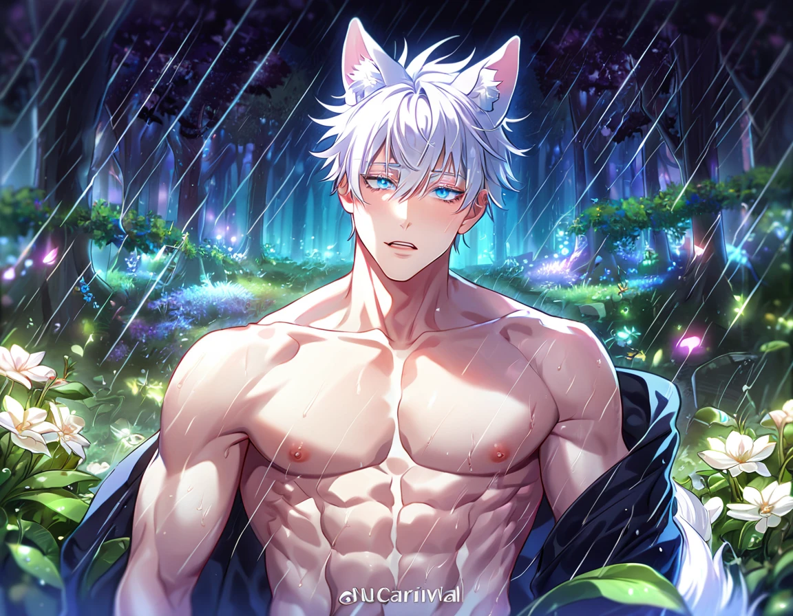 absurdres, highres, ultra detailed, HDR, master piece, best quality, extremely detailed, detailed eyes, Gojou Satoru, white hair, werewolf, wolf ears, wolf tail, expressive blue eyes, white eyelashes, Jujutsu Kaisen, solo, sexy man, handsome, horny, lewd, fantasy, accessories, black cape with fur, bare chest, spring, flowers, green leaves, magical forest, dark fantasy, rain, night, Nu Carnival