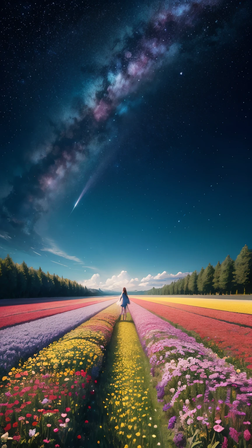 There is a girl Standing in a flower field looking up at the sky, a girl Standing in a flower field, Girl walking in a flower field, I was lost in a dream-like wonderland, Standing in a flower field, Amazing digital painting, The sky gradually cleared, The starry sky is gradually々moving away from, 8k resolution