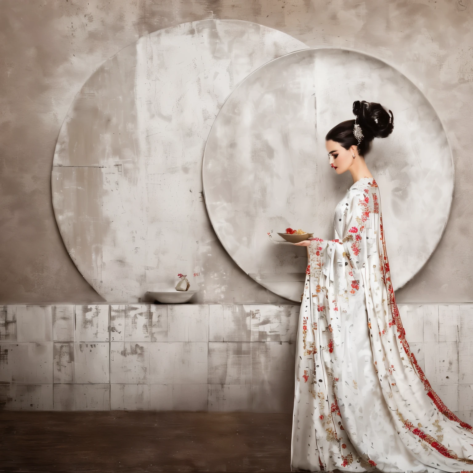 Elegant, traditional white flowing robe with intricate embroidery, holding a dish, hair in an ornate updo with hair accessories, standing in profile. Background features geometric patterns with a large red and white circular motif and a grid of muted colored squares, indoor setting, indirect soft lighting, calm and poised atmosphere, side view perspective, balanced composition.