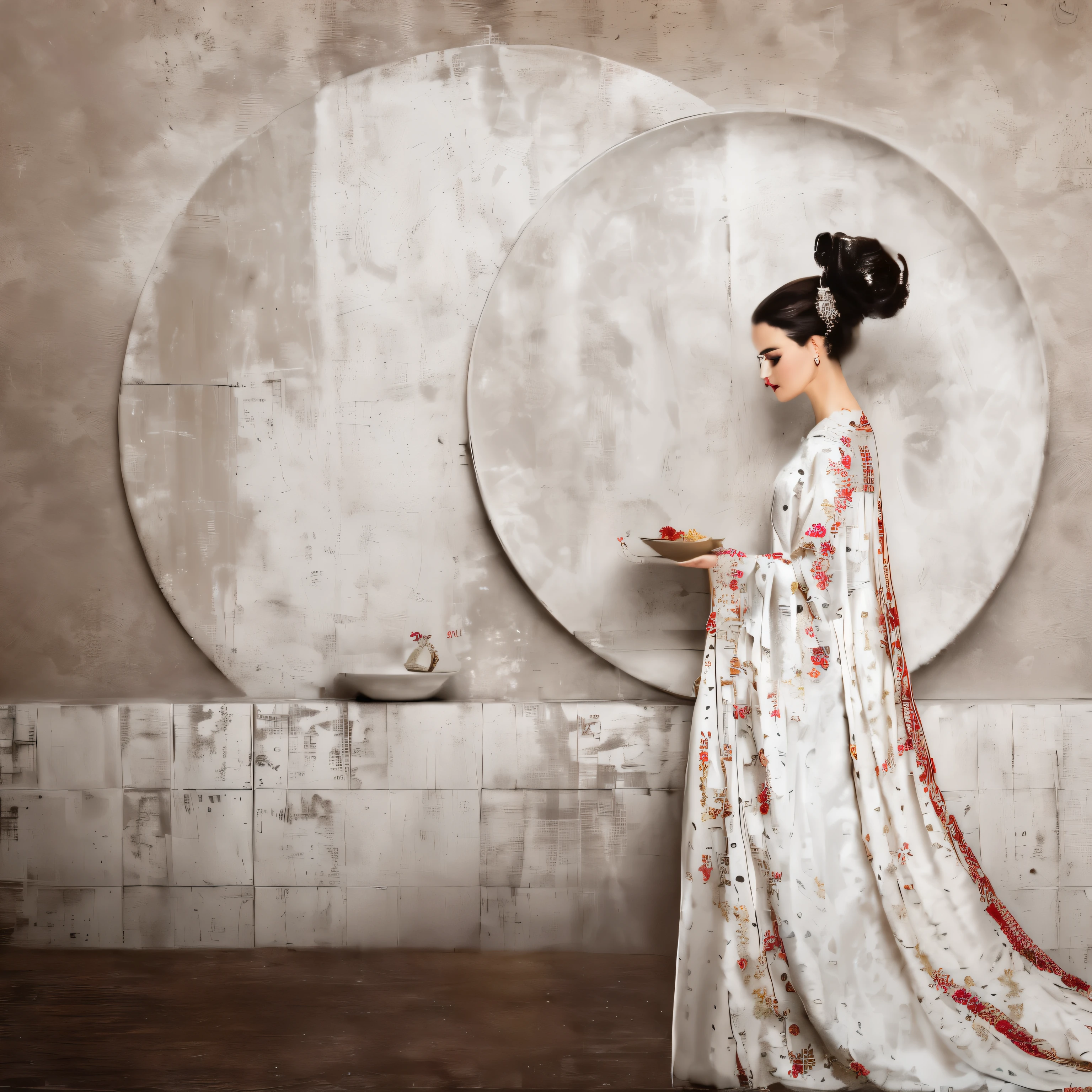 Elegant, traditional white flowing robe with intricate embroidery, holding a dish, hair in an ornate updo with hair accessories, standing in profile. Background features geometric patterns with a large red and white circular motif and a grid of muted colored squares, indoor setting, indirect soft lighting, calm and poised atmosphere, side view perspective, balanced composition.