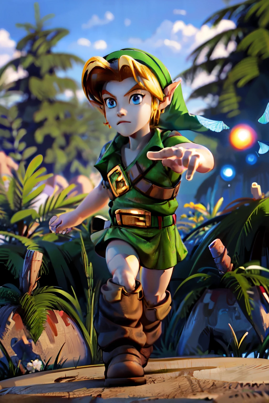 young link, Chico, by rubio, blue eyes, has, pointy ears, green tunic, belt, Boots, looking at the viewer, outside, Magic Forest, extreme detail, HdR, beautiful quality, masterpiece,