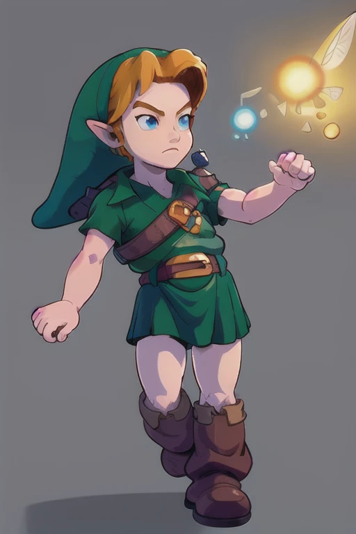 masterpiece, Best Quality, 1 chico, Young Link, by rubio, blue eyes, has, pointy ears, green tunic, belt, Boots, (looking at the fairy), hands on the hips, simple background 