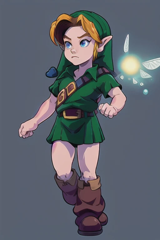 masterpiece, Best Quality, 1 chico, Young Link, by rubio, blue eyes, has, pointy ears, green tunic, belt, Boots, (looking at the fairy), hands on the hips, simple background 