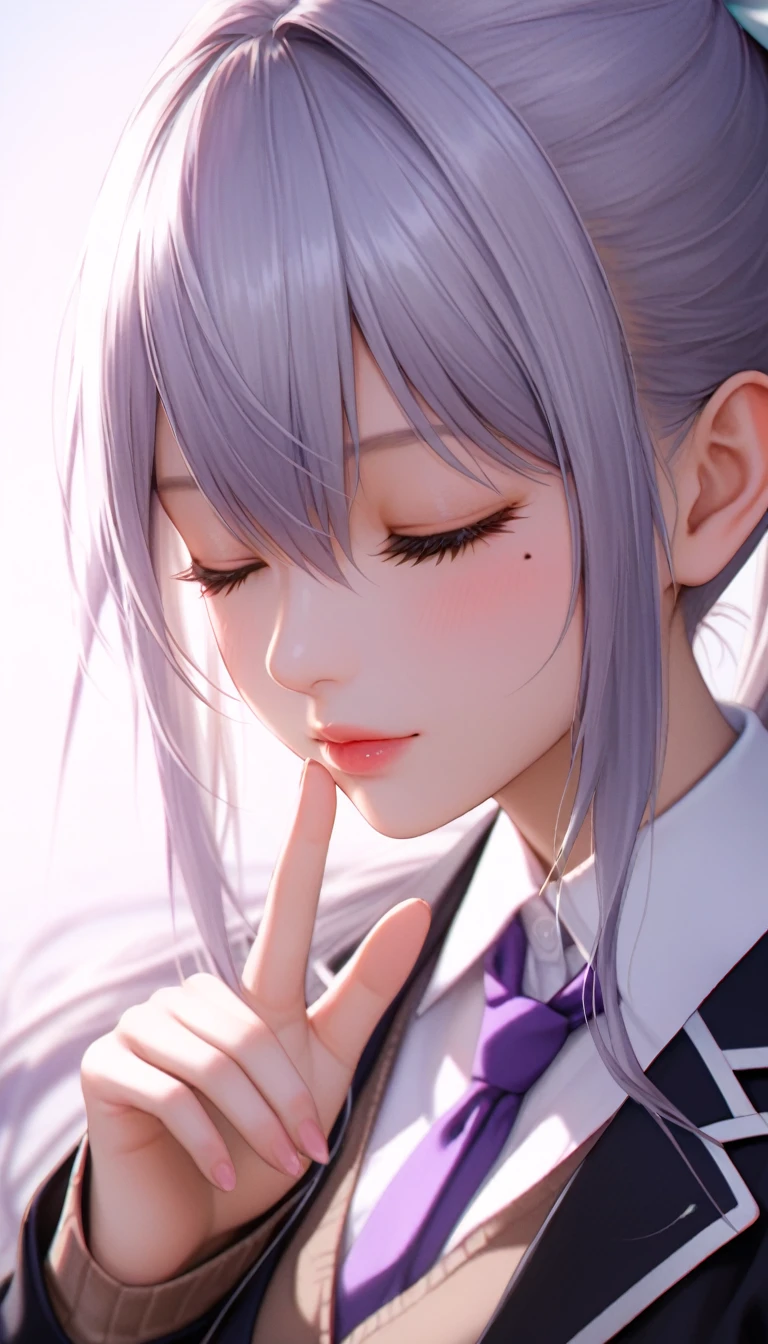 hk1, purple eyes, grey hair, hair between eyes, long hair, very long hair, ponytail, mole, mole under eye, bow, white bow, shirt, white shirt, necktie, purple necktie, cardigan, brown cardigan, jacket, black jacket,  Close-up details, realistic style photo Japanese young woman, outstanding style, tall, cute, adult. Use soft lighting to cast gentle shadows on the subject, adding a touch of dimension to your images without compromising details, score_9, score_8_up, score_7_up, anticipating kiss, closed eyes, reaching out, point of view,