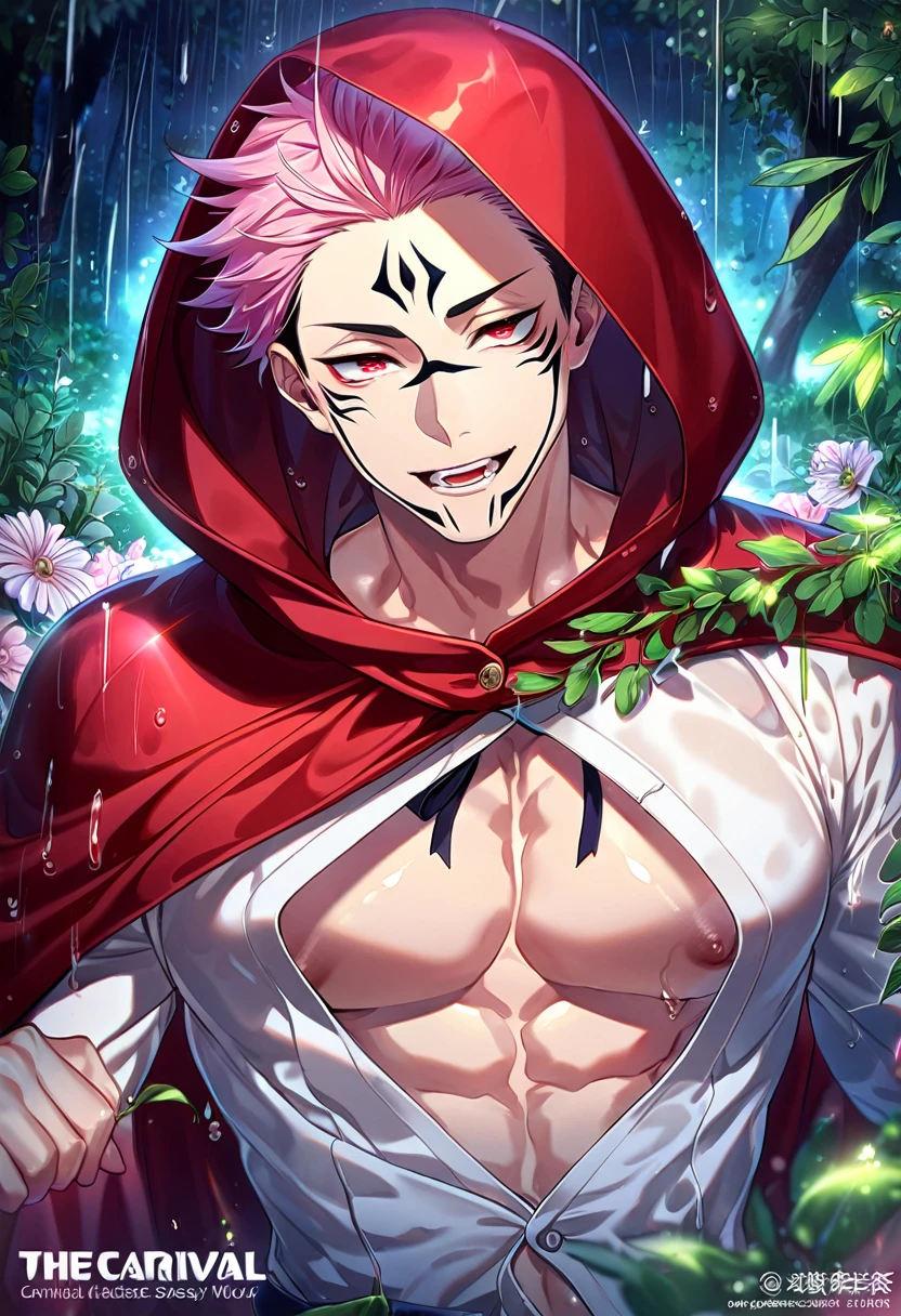 absurdres, highres, ultra detailed, HDR, master piece, best quality, extremely detailed, detailed eyes, Ryoumen Sukuna, pink hair, expressive red eyes, Jujutsu Kaisen, solo, sexy man, handsome, horny, lewd, fantasy, The Red Riding Hood And The Wolf, red hooded cape, white shirt, showing the chest, spring, flowers, green leaves, magical forest, dark fantasy, rain, night, Nu Carnival