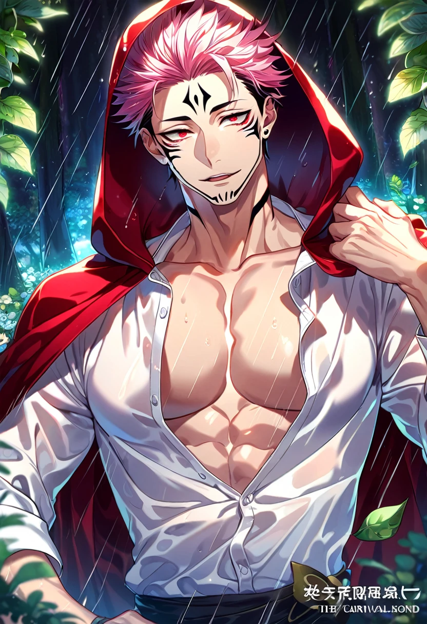 absurdres, highres, ultra detailed, HDR, master piece, best quality, extremely detailed, detailed eyes, Ryoumen Sukuna, pink hair, expressive red eyes, Jujutsu Kaisen, solo, sexy man, handsome, horny, lewd, fantasy, The Red Riding Hood And The Wolf, red hooded cape, white shirt, showing the chest, spring, flowers, green leaves, magical forest, dark fantasy, rain, night, Nu Carnival