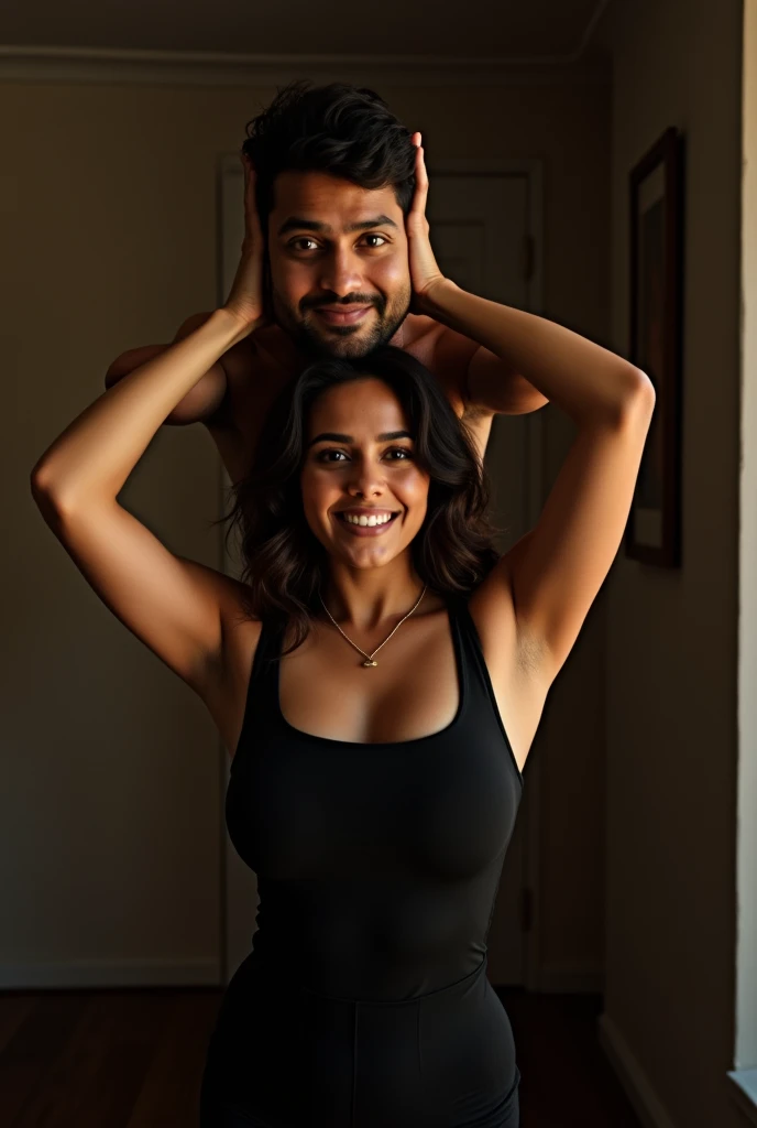 Beautiful and Slim Indian woman in blue blouse bikini  lifting a large chubby fat man above her shoulders, man is sitting on woman's shoulders, in a bedroom with high ceiling, natural smile, woman is looking into the camera , she is holding his hands, full body image 