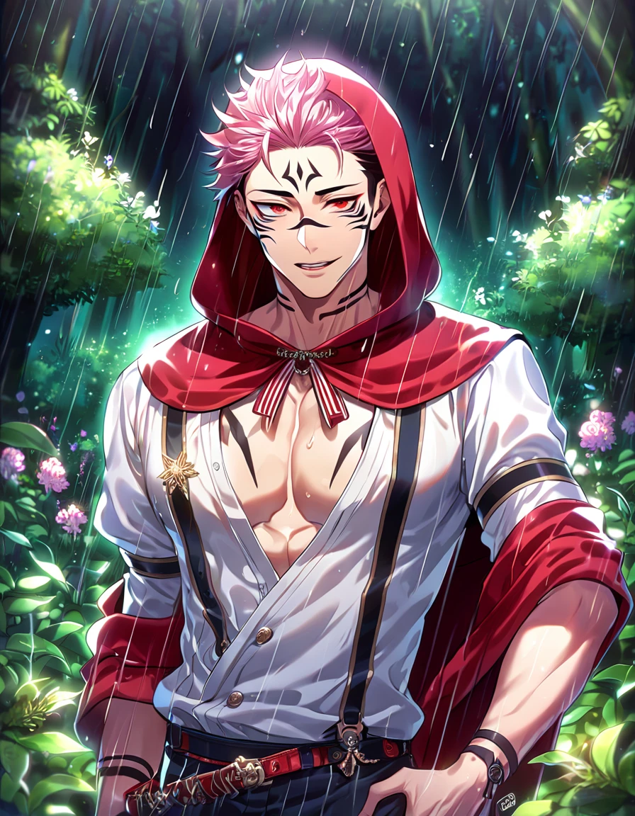 absurdres, highres, ultra detailed, HDR, master piece, best quality, extremely detailed, detailed eyes, Ryoumen Sukuna, pink hair, expressive red eyes, Jujutsu Kaisen, solo, sexy man, handsome, horny, lewd, fantasy, The Red Riding Hood And The Wolf, red hooded cape, white shirt, accessories, fantasy clothes, showing the chest, spring, flowers, green leaves, magical forest, dark fantasy, rain, night, Nu Carnival