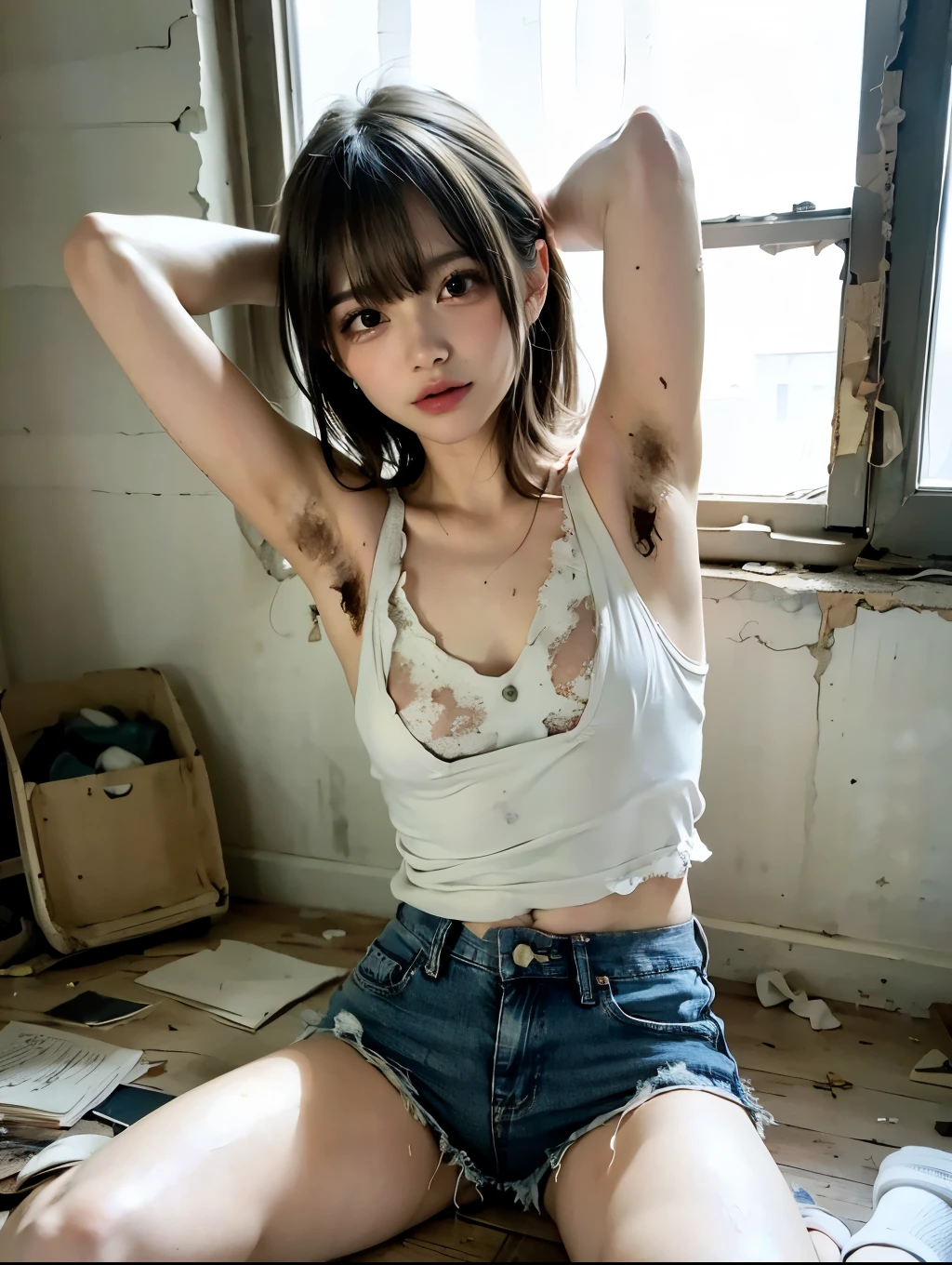 raw photo, 8k, (top-quality), Realistic, (real picture, Intricate details), (natural skin texture, detailed skin, hyper realism, sharpness), Japanese  girl sitting, (hands behind head, armpits exposed), ((dirty tattered white tank-top, dirty tattered denim short shorts)), (sneakers), (((Small chest:1.4))), skinny body, pale skin, navels exposed, (messy hair, bangs), girl in an abandoned apartment building, Room being demolished, dusty room, cracked wall, Messy floor, Pile of rubble:1.3, broken window, tattered curtains, cracked Window glass, Tattered teddy bear, The ruined city is visible outside the window, Full body shot, xtrhairy2