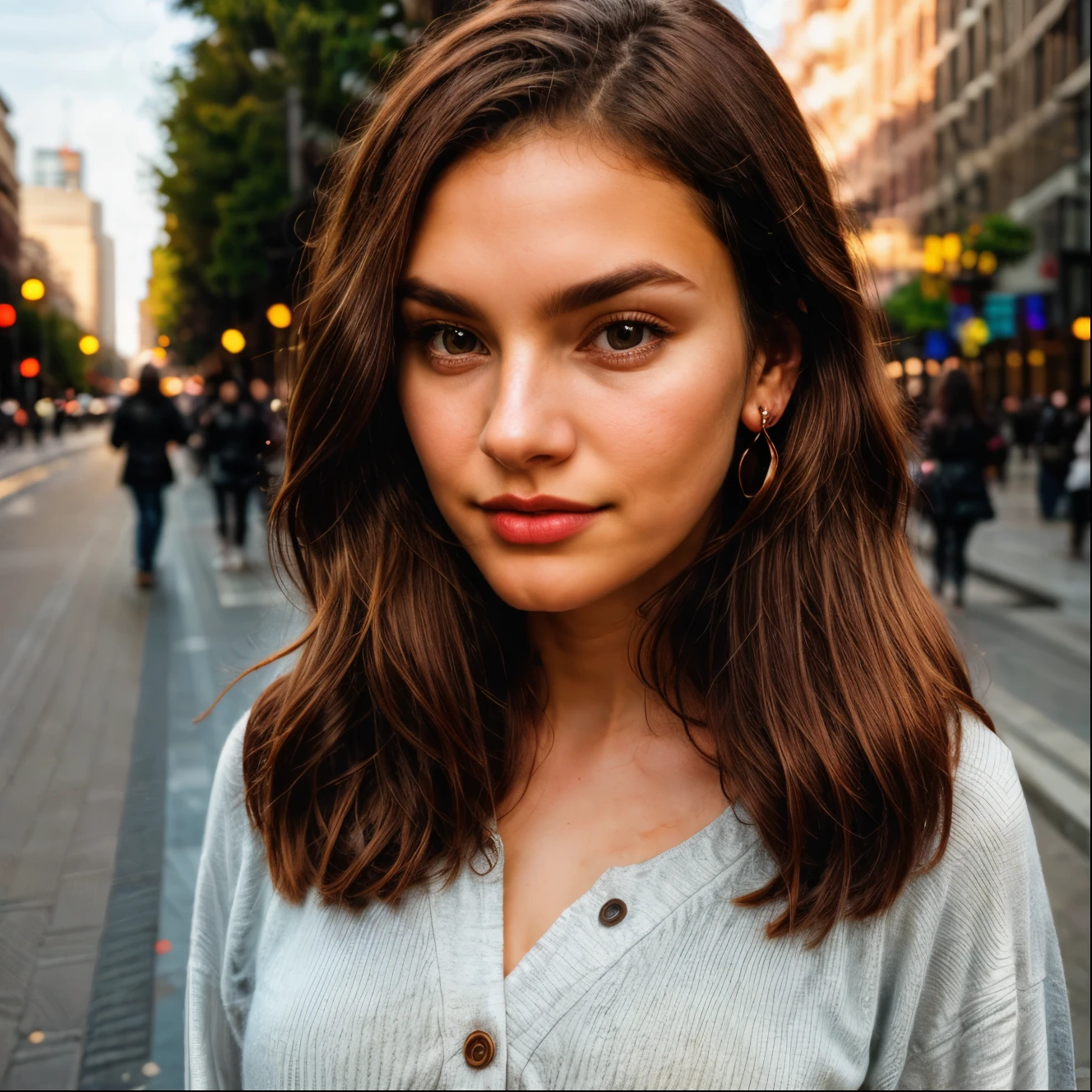 A young woman with brown wavy medium hair, nosering, 1 girl, piercing, fine eyebrows, fine nose, big mouth, Alone, brown wavy medium hair,1 girl, Alone,shy, sexy,amateur,quality smartphone, light makeup, brown wavy medium hair, Accurate, Anatomically correct, photo taken by smartphone, smartphone quality, amateur photo, brown wavy medium hair, Brown hair, Earrings, Depth of field, Backlight,