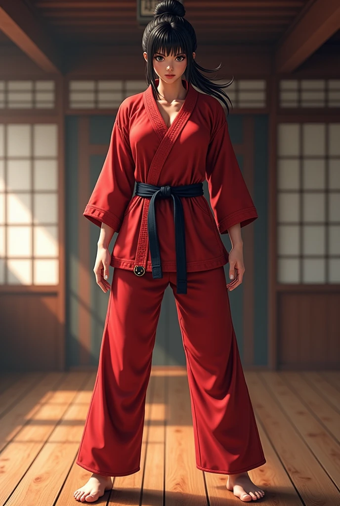 A short-haired woman is wearing a kimono and karate pants with a black belt, indicating your skill level and dedication to the martial art. His gaze is focused, reflecting the determination and intensity with which you approach your daily training. Mesmo com a seriedade desse momento, um leve sorriso adorna seu rosto, revealing the satisfaction and passion he finds in the practice of karate.
A woman's short hair is combed in a practical way, allowing fast and agile movements during workouts. His eyes are bright and focused, demonstrando um profundo comprometimento com o aprimoramento de suas habilidades marciais.
The karate kimono is traditional, em tons de preto e branco, with elegant and symbolic details. The black belt tied at the waist is a sign of his advanced level of knowledge and experience in the martial art.
Enquanto ela treina, The environment around you is full of energy and discipline. O dojo, local de treinamento, is illuminated by a soft, luz difusa, criando uma atmosfera tranquila e concentrada. The sound of precise movements and controlled contact between practitioners echoes through the space, mostrando a intensidade e a seriedade dos treinamentos.
Nesse momento, The woman is completely immersed in the world of karate, find the balance between strength and inner calm. Her focused gaze and the slight smile on her face reflect her passion for the martial art and the satisfaction she finds in the constant improvement of her skills.