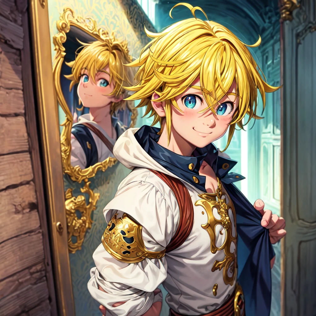 masterpiece, best quality, ultra-detailed, illustration, 1boy, solo, male focus, looking at viewer, upper body, , meliodas_nanatsu_no_taizai, blonde hair, blu eyes, jacketBlue eyes, Blonde Hair, without a shirtBlush, Smile, 