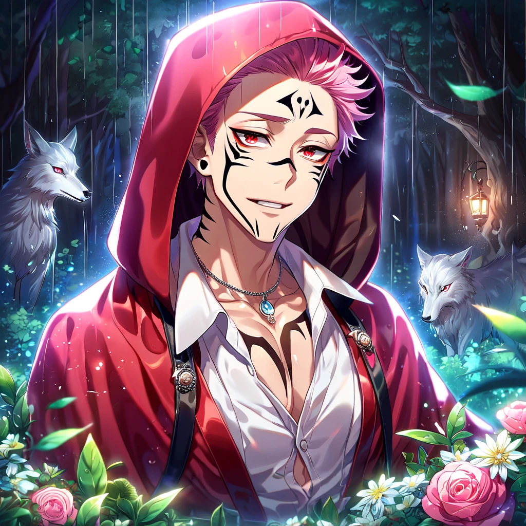 absurdres, highres, ultra detailed, HDR, master piece, best quality, extremely detailed, detailed eyes, Ryoumen Sukuna, pink hair, expressive red eyes, Jujutsu Kaisen, solo, sexy man, handsome, horny, lewd, fantasy, The Red Riding Hood And The Wolf, red hooded cape, white shirt, accessories, fantasy clothes, showing the chest, spring, flowers, green leaves, magical forest, dark fantasy, rain, night, Nu Carnival