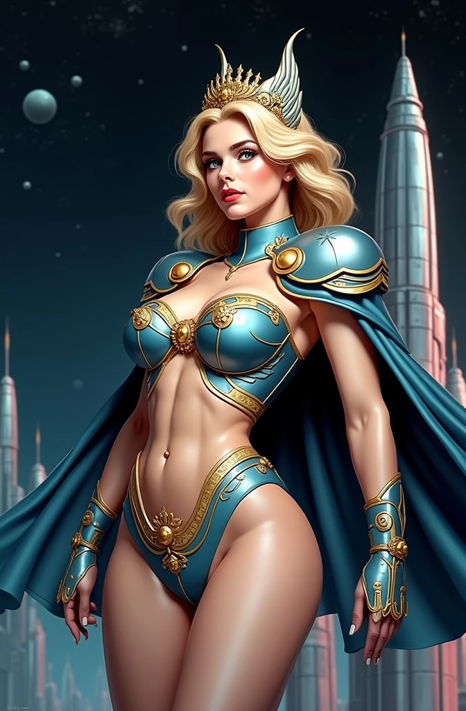 ((Full body)), (((Head to toe))), 1 female, Solo, beautiful blushing slender Goddess of Earth (((with shaggy long hair))), Small bust, big breasts thin waist, Thin leg, (((against Earth as a planet background))), (((gorgeous iron armor, fundoshi))), jade necklace, jade tiara, Gold Veil, (((American comic style with dark contours))), (((art by J. Scott Campbell)))