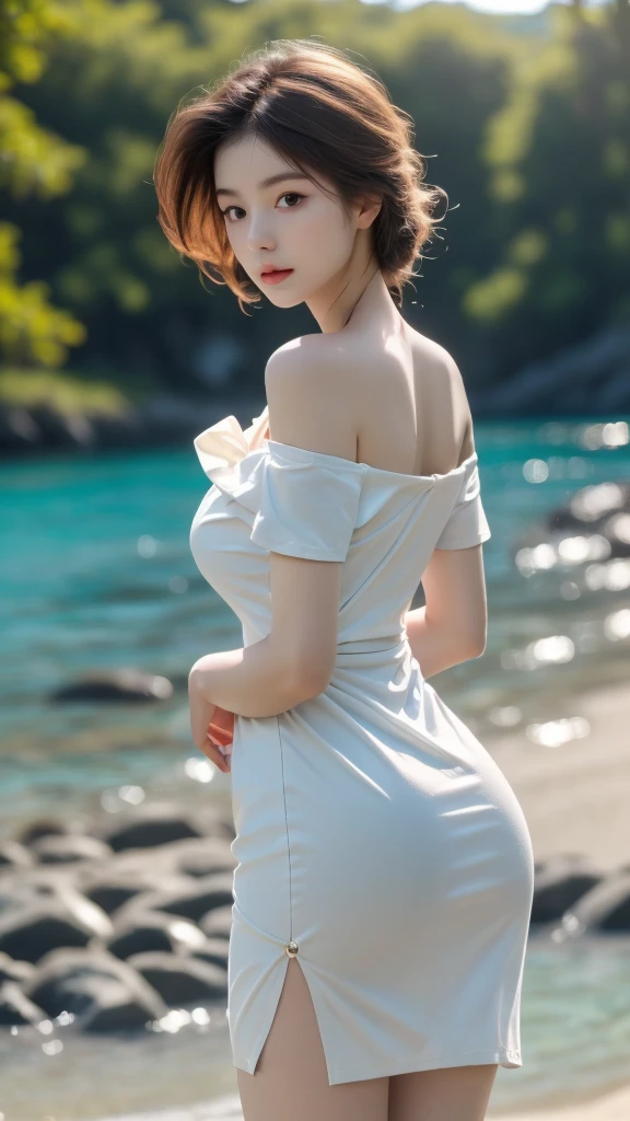 (masterpiece, best quality,very clear),  (photorealistic:1.2), perfect proportion,RAW, analog, skin texture,50mm, 1girl, perfect delicate face, ultra detailed, extremely detailed 8k wallpaper,  thighs,astonishing views, short sleeves, offshoulder, dress, arms behind back, sunlight, by the beach,narrow waist,