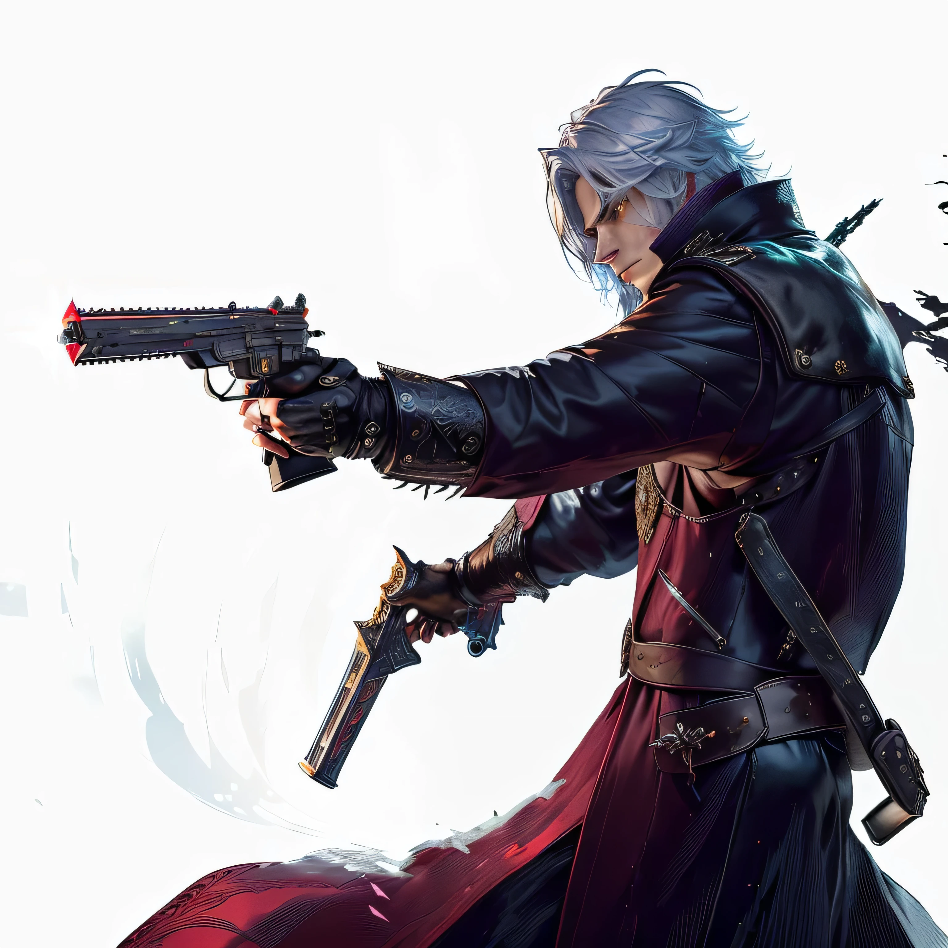 The character is portrayed with short hair, silver hair, wearing a red, far away, a flowing coat with intricate details. He is holding two ornate pistols, with his gaze fixed ahead, with leather gloves and armbands. A sword is strapped to his back. The pose is dynamic and action-oriented, exuding a sense of determination and readiness. The background is minimal, drawing attention to the character. the general atmosphere is intense and dramatic, with detailed shading and highlighting.