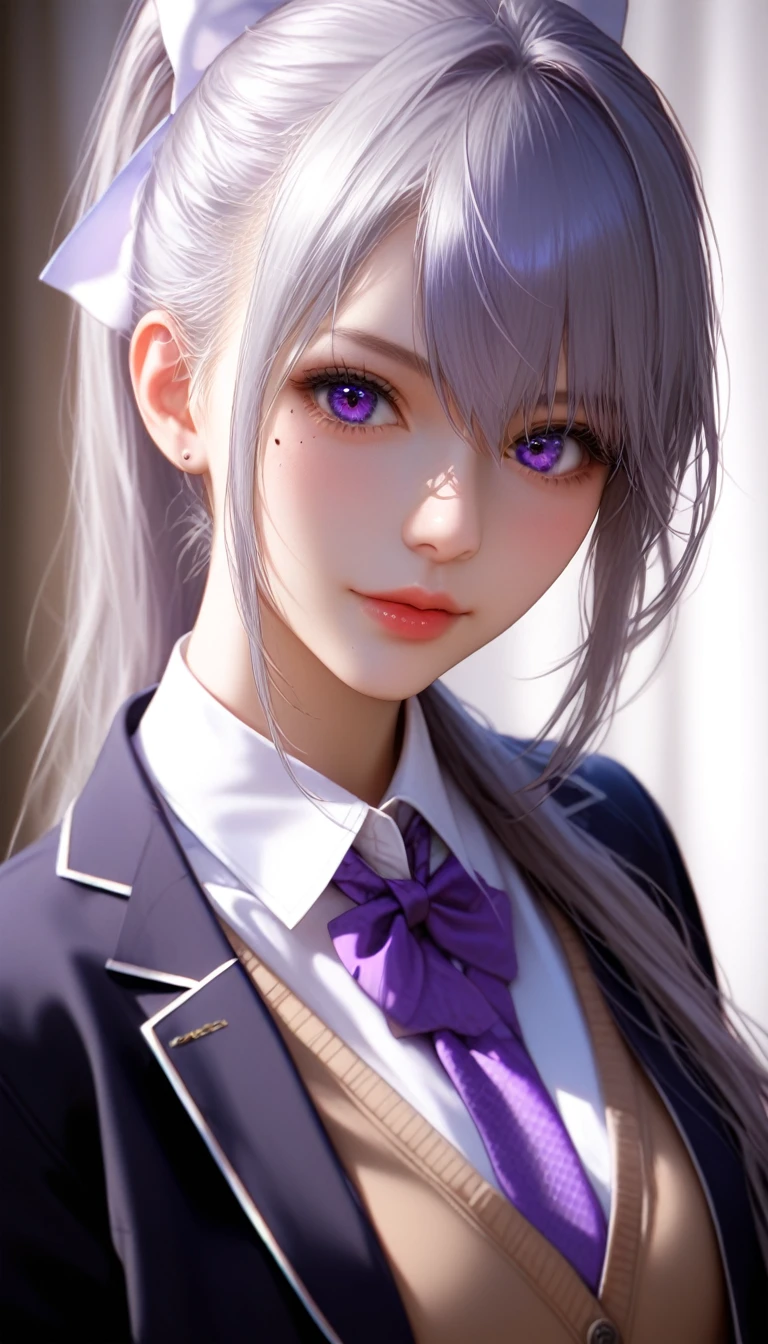 hk1, purple eyes, grey hair, hair between eyes, long hair, very long hair, ponytail, mole, mole under eye, bow, white bow, shirt, white shirt, necktie, purple necktie, cardigan, brown cardigan, jacket, black jacket,  Close-up details, realistic style photo Japanese young woman, outstanding style, tall, cute, adult. Use soft lighting to cast gentle shadows on the subject, adding a touch of dimension to your images without compromising details, score_9, score_8_up, score_7_up, photorealistic, (nfsw:1.3), (Expressiveh:1.2),

