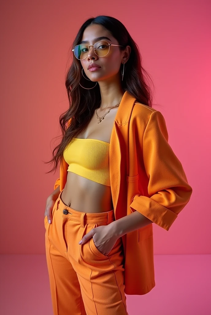 una hermosa mujer morena guatemalteca vestida con una camisa de color amarilla y shorts a juego con gafas de sol futuristicas en su rostro, pelo tipo ondulado negro, al estilo de Foto real, hyper-realistic, High Dymanic Range, colores ricos, Texturas realistas, 8k UHD, Alta profundidad de color, Nikon D 850, Kodak Portra 400, Fujifilm XT
