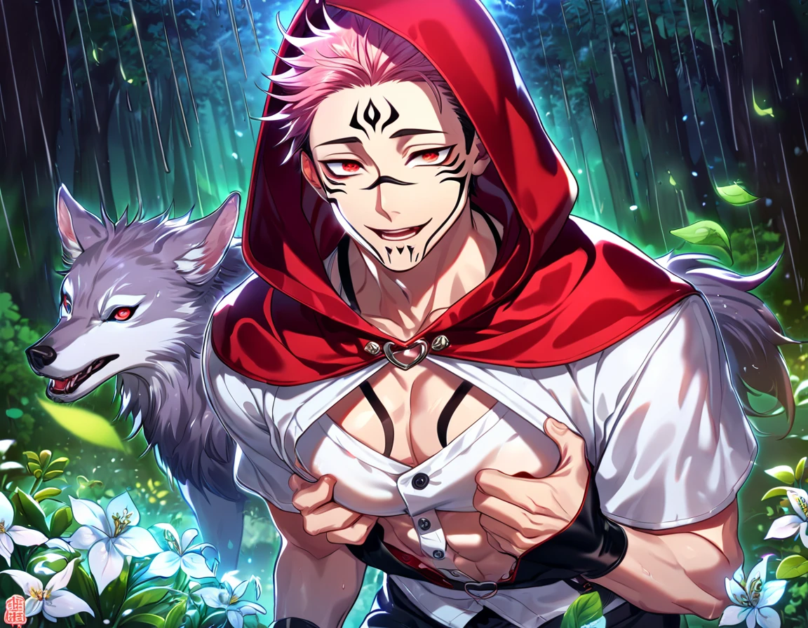 absurdres, highres, ultra detailed, HDR, master piece, best quality, extremely detailed, detailed eyes, Ryoumen Sukuna, pink hair, expressive red eyes, Jujutsu Kaisen, solo, sexy man, handsome, horny, lewd, fantasy, The Red Riding Hood And The Wolf, red hooded cape, white shirt, accessories, fantasy clothes, showing the chest, spring, flowers, green leaves, magical forest, dark fantasy, rain, night, Nu Carnival