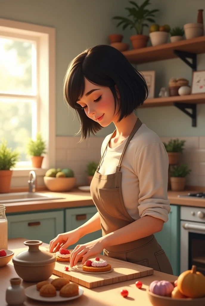 Woman pretty with black short bob hair, mom, making desserts in a kitchen