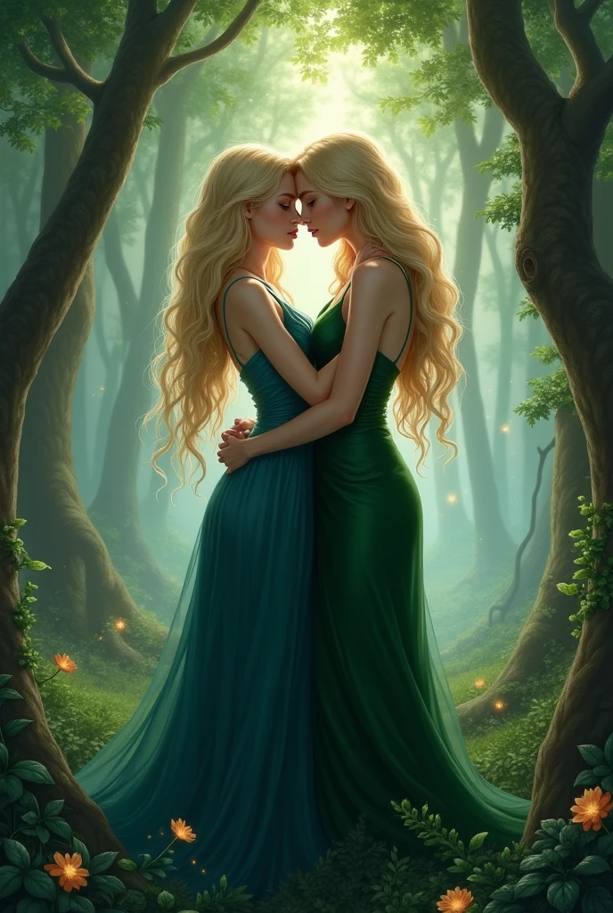 Luna Lovegood in a forest with a girl, They are both women and best friends, Luna is from Ravenclaw and the other girl is from Slytherin, They are doing the 69 position